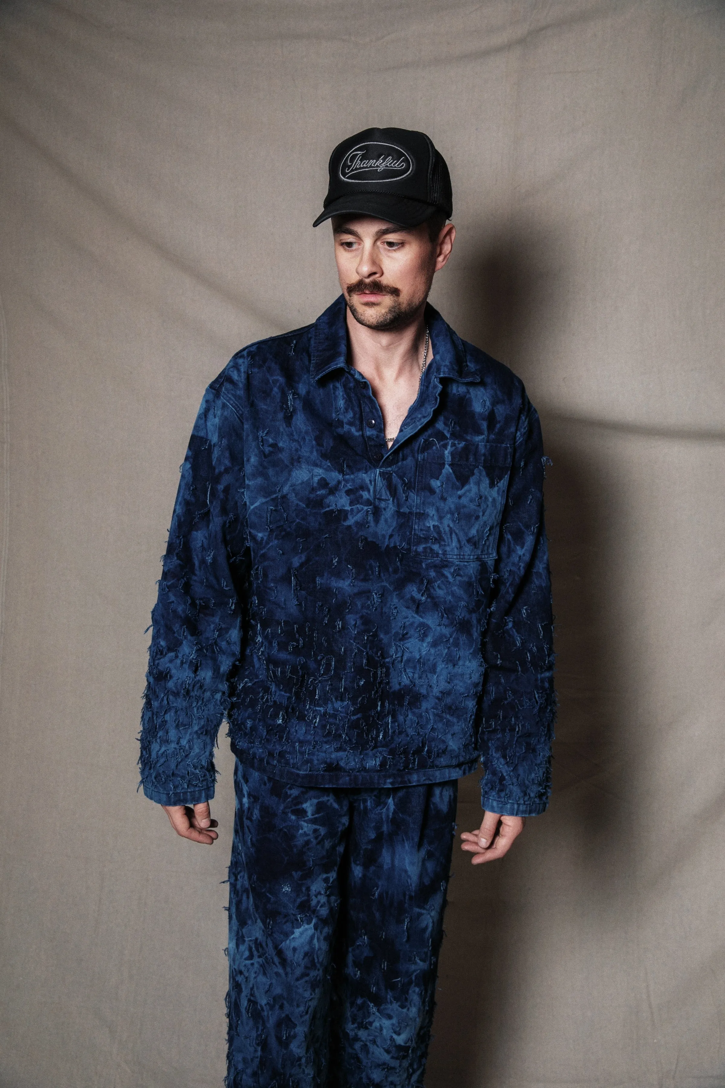 2-Piece Distressed Denim Set (Pullover & Pants) in Maritime / MEDIUM (or slim Large)