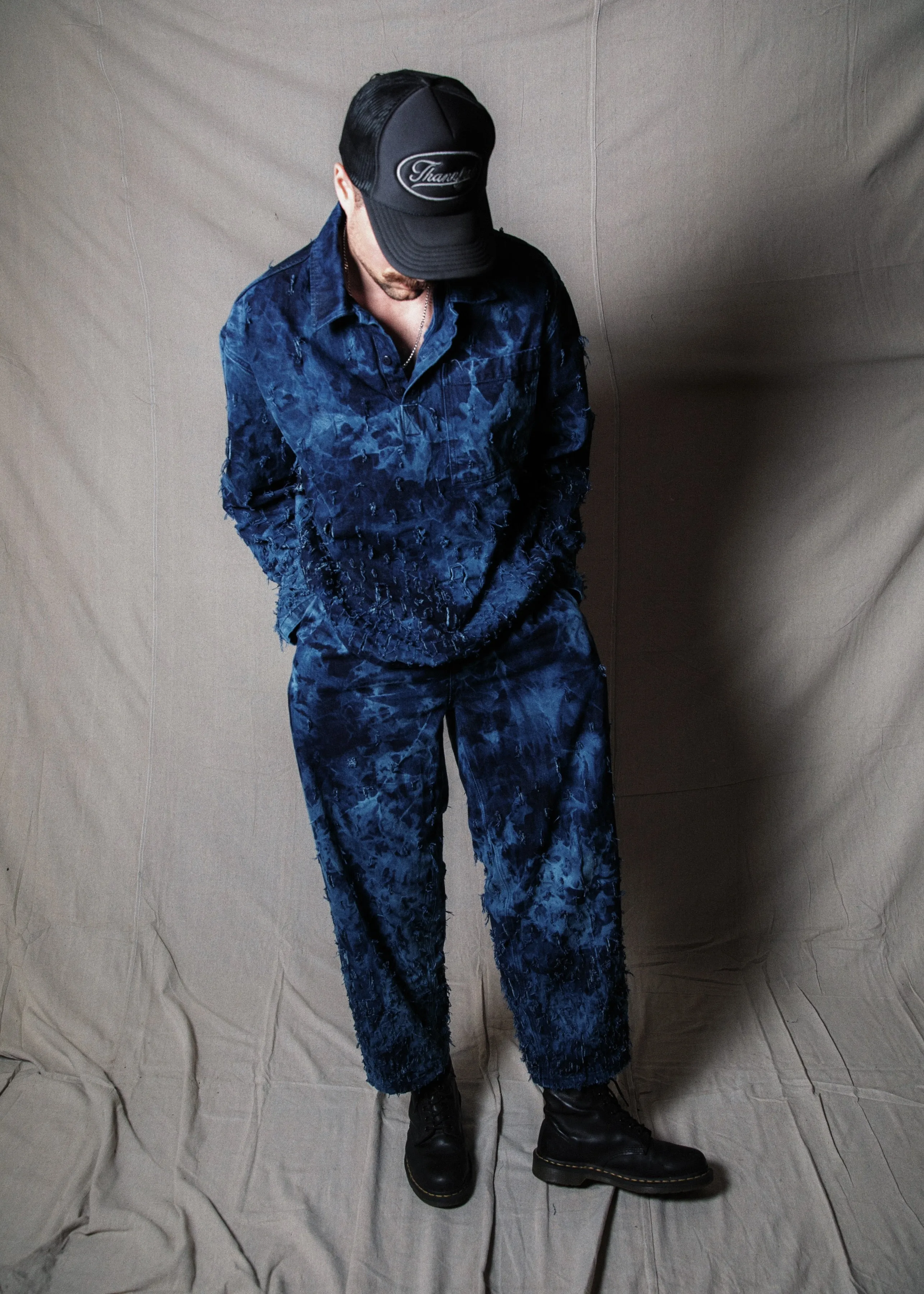 2-Piece Distressed Denim Set (Pullover & Pants) in Maritime / MEDIUM (or slim Large)