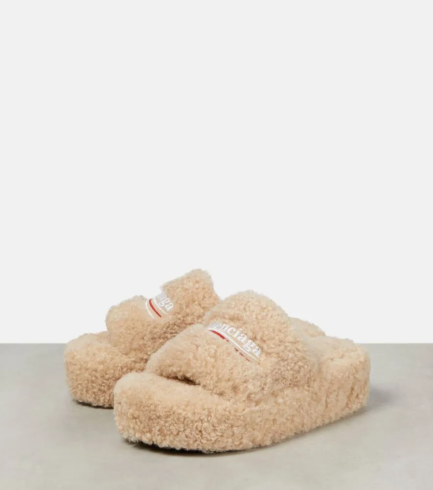 Balenciaga Logo faux shearling slides