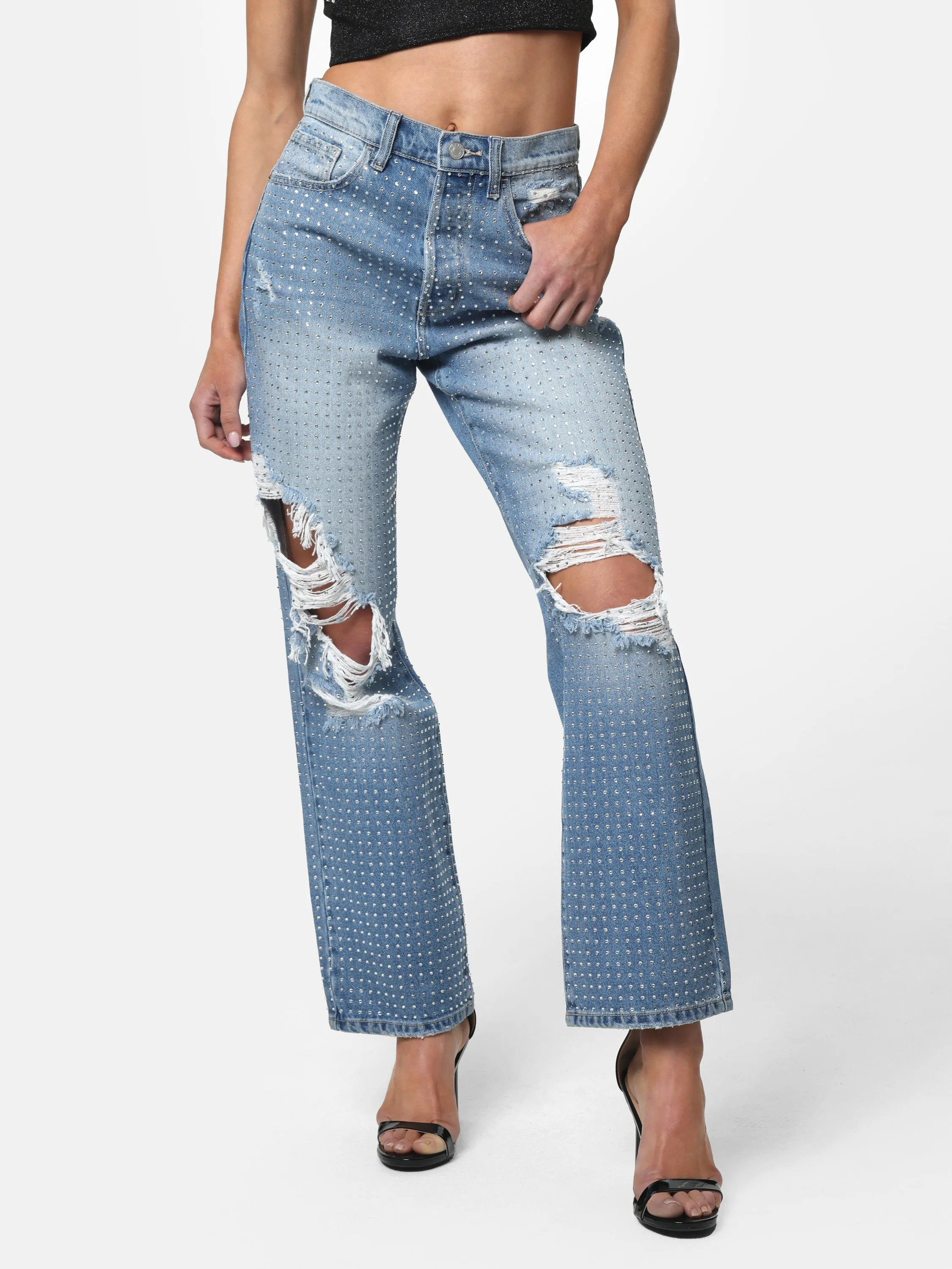 Bedazzled & Distressed Denim Jeans