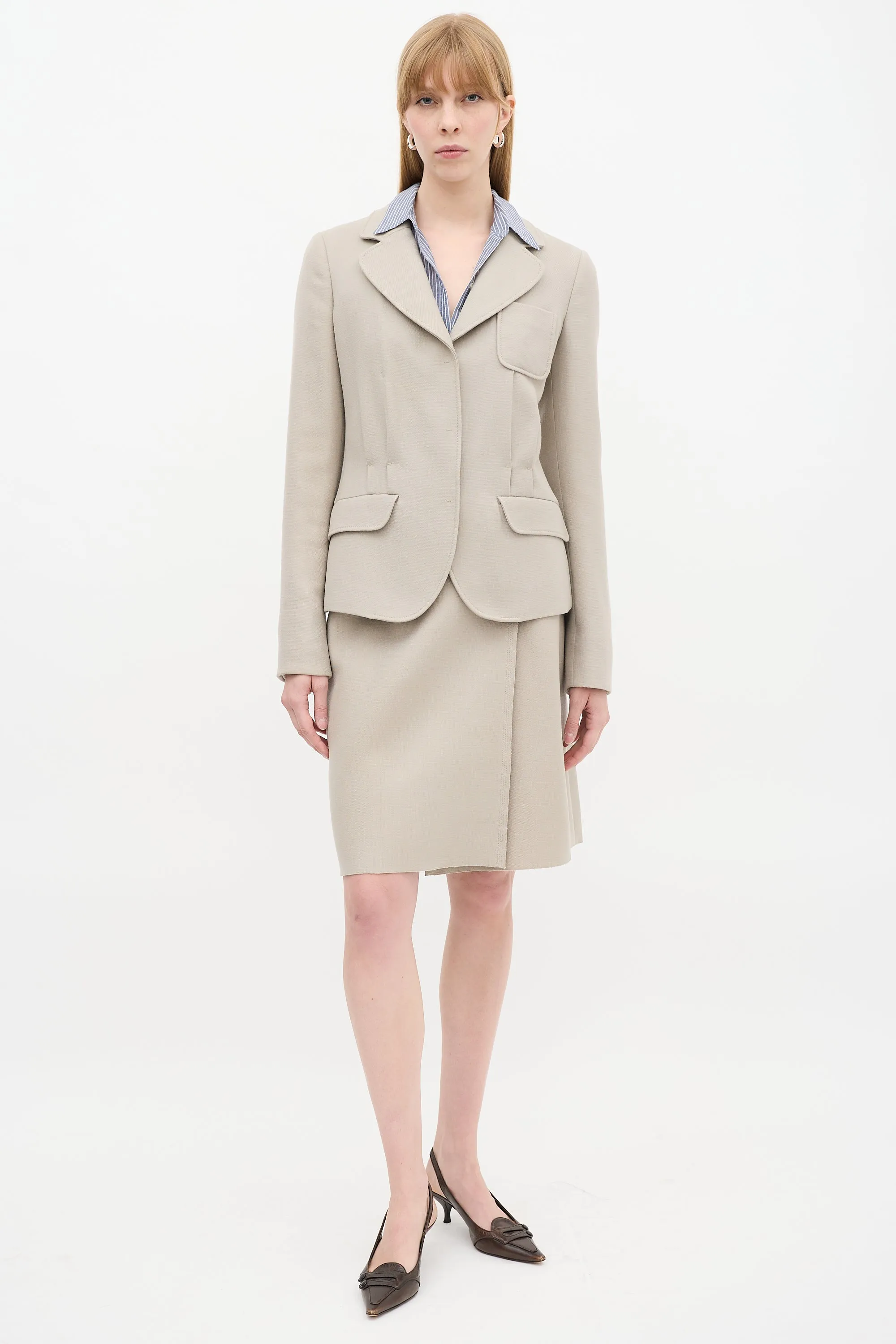 Beige Wool Tacked Pleat Three Pocket Blazer