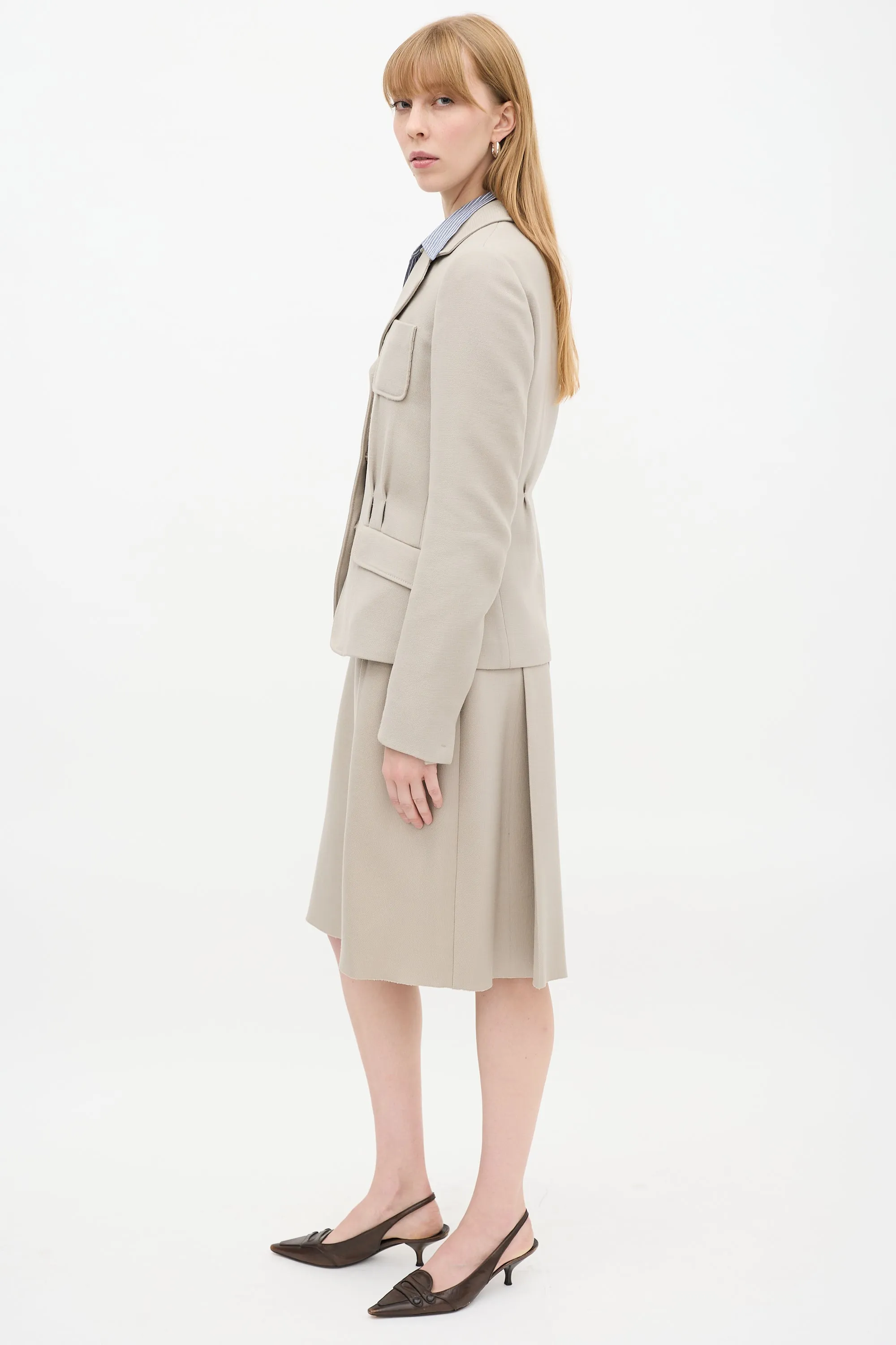 Beige Wool Tacked Pleat Three Pocket Blazer