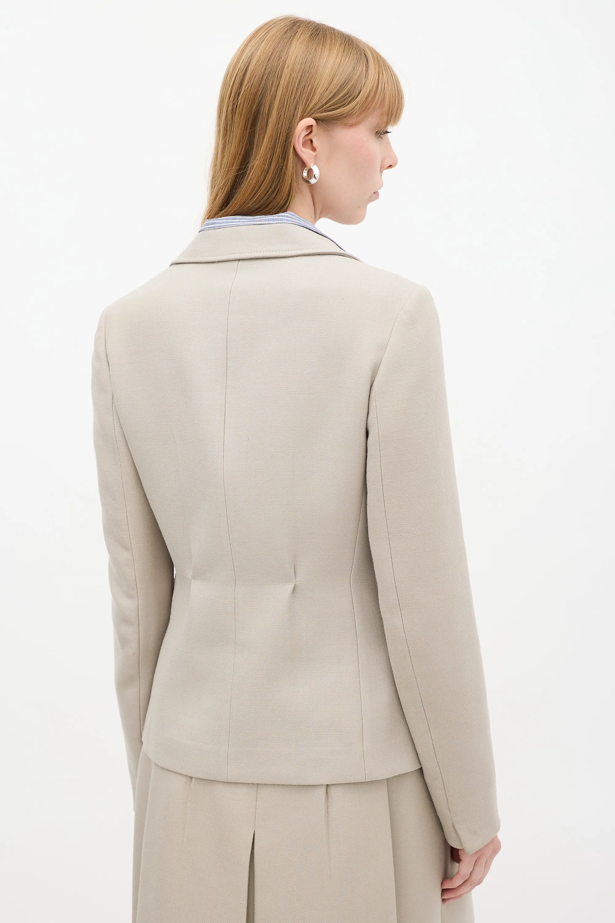 Beige Wool Tacked Pleat Three Pocket Blazer