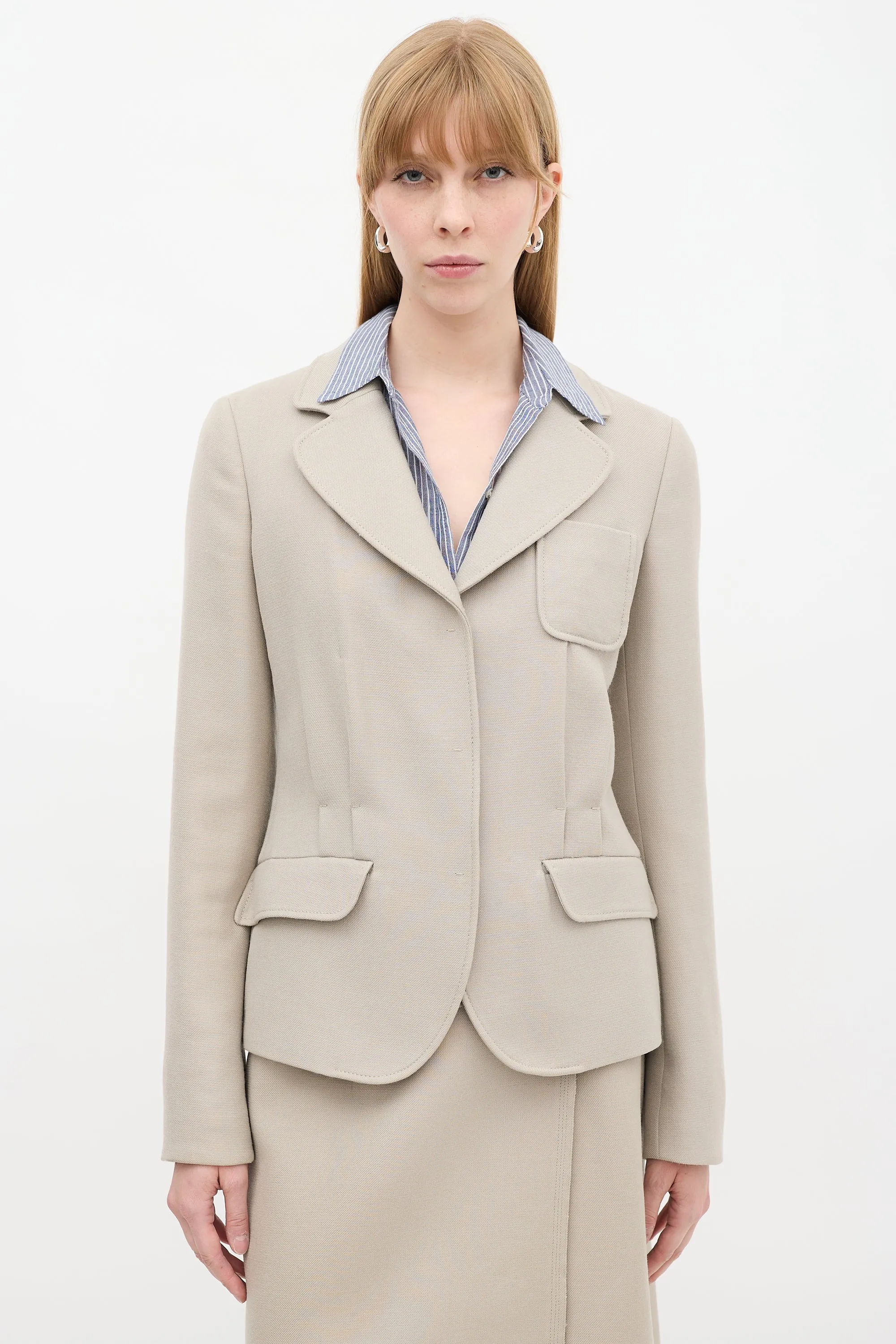 Beige Wool Tacked Pleat Three Pocket Blazer