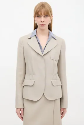 Beige Wool Tacked Pleat Three Pocket Blazer