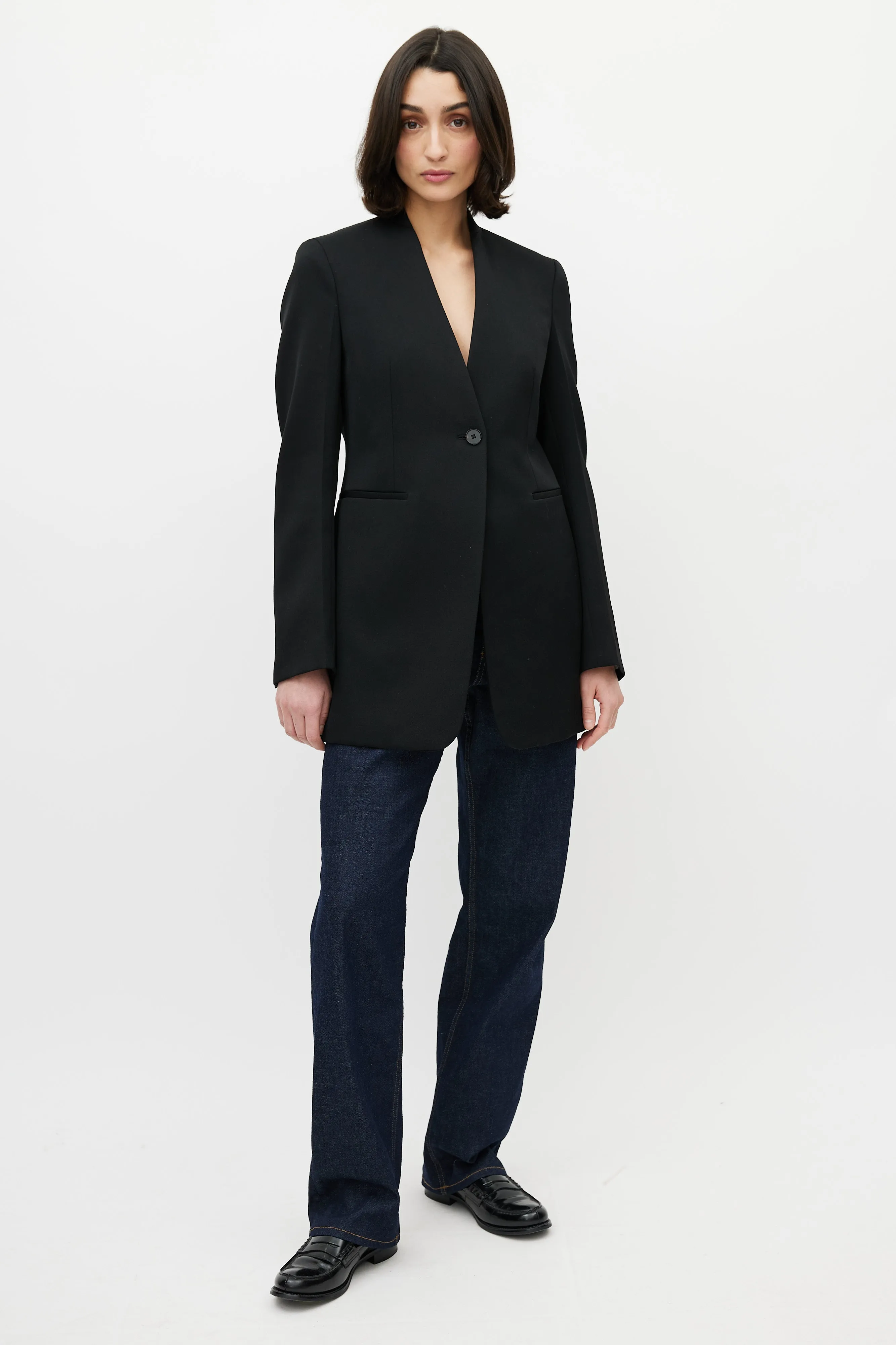 Black Collarless One Button Blazer