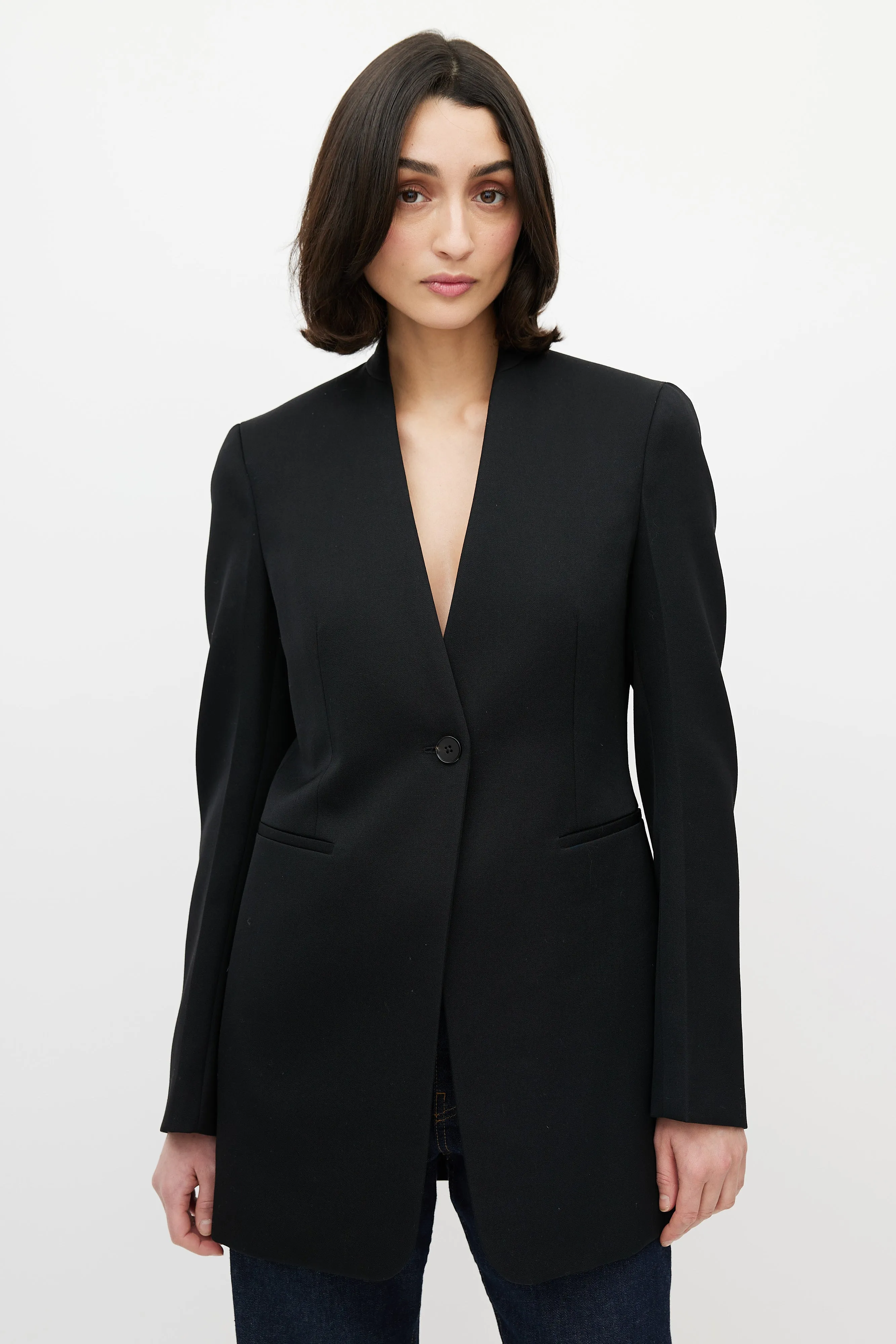 Black Collarless One Button Blazer