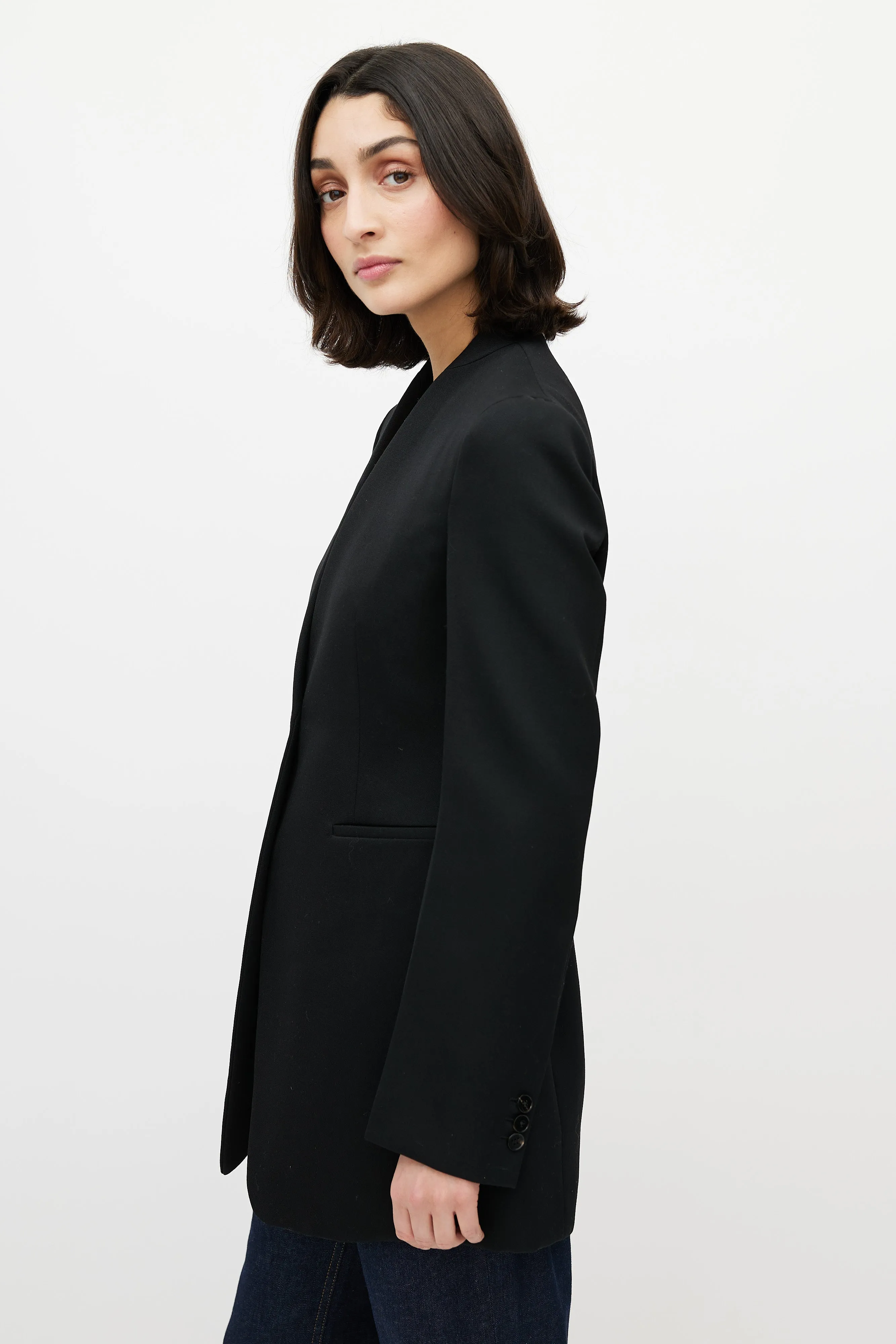 Black Collarless One Button Blazer