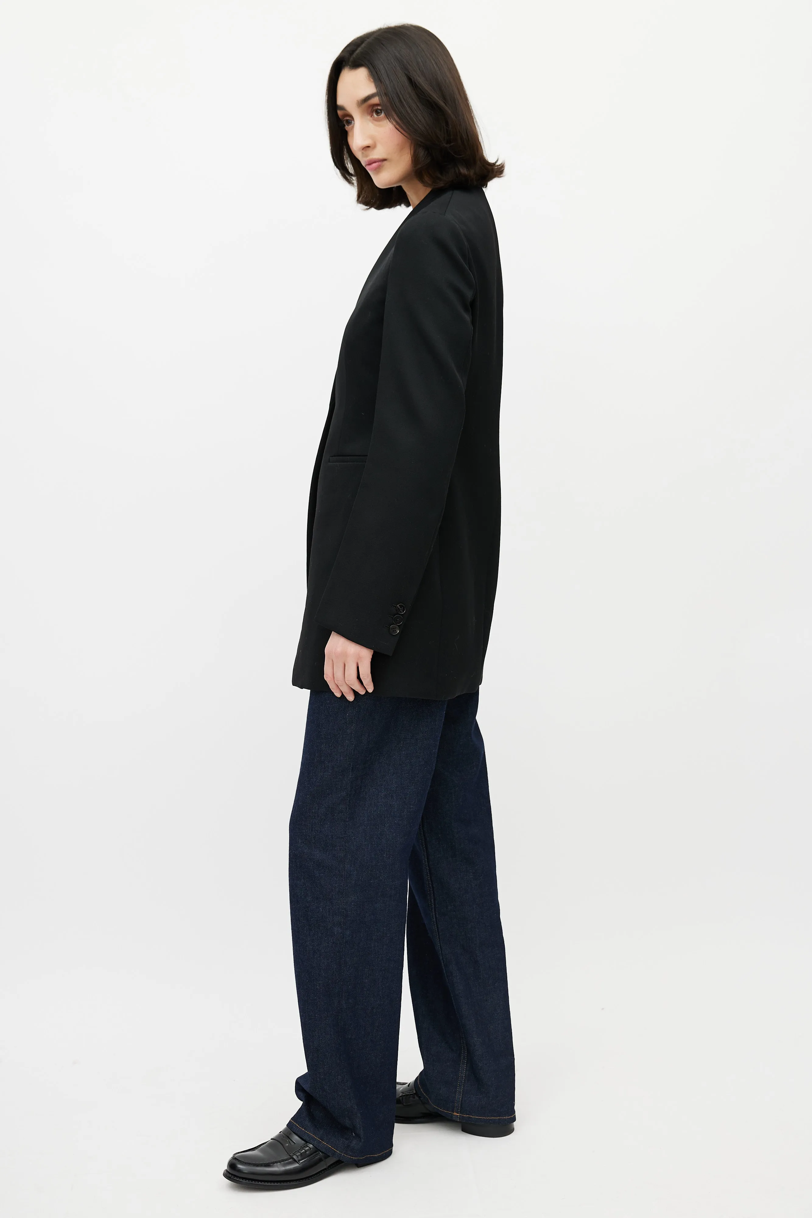 Black Collarless One Button Blazer