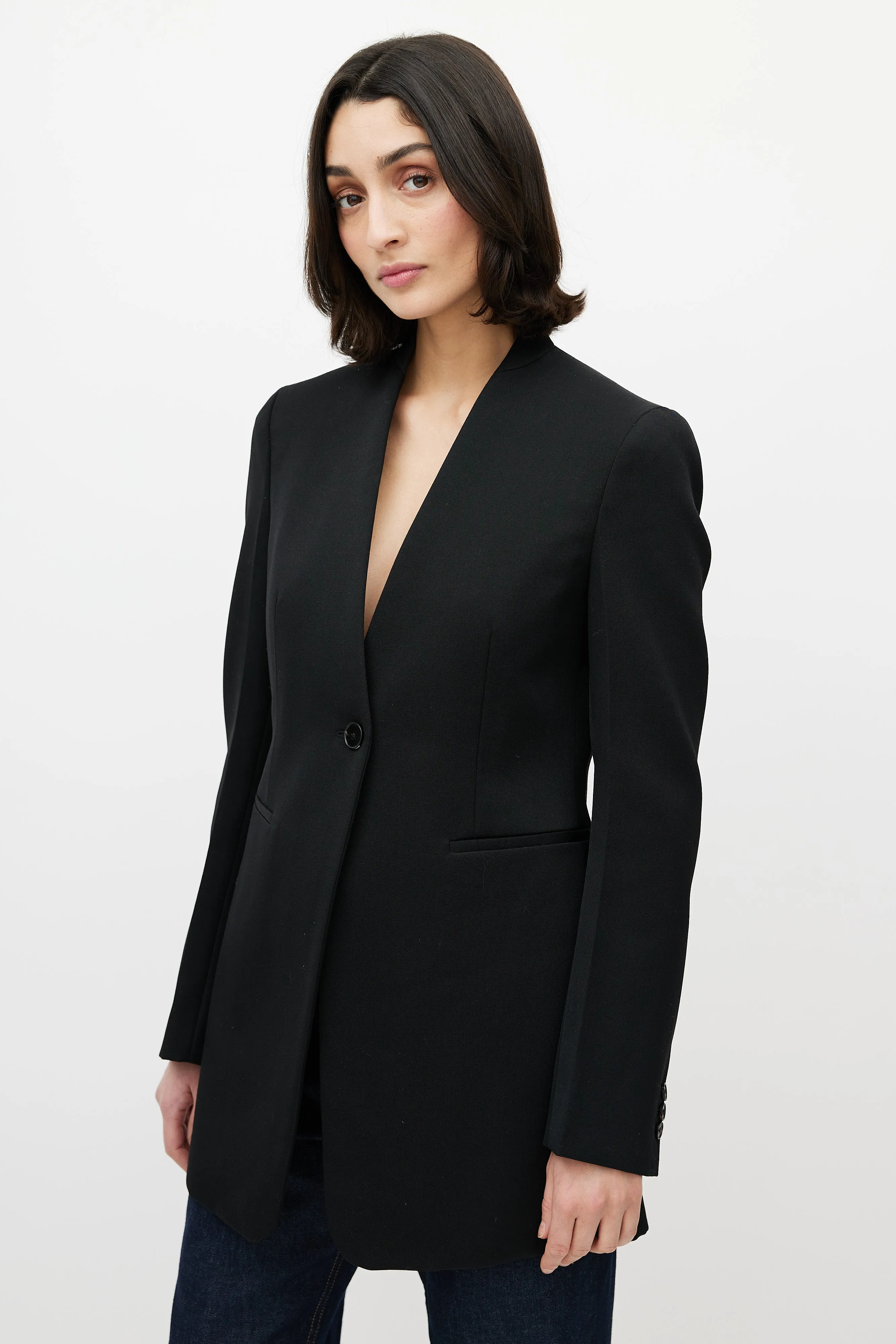 Black Collarless One Button Blazer