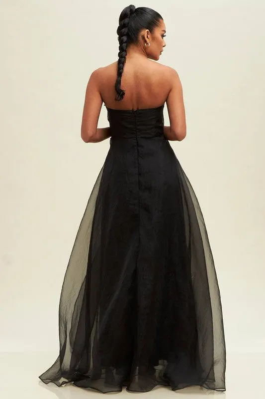Black Organzza V Neckline Maxi Dress