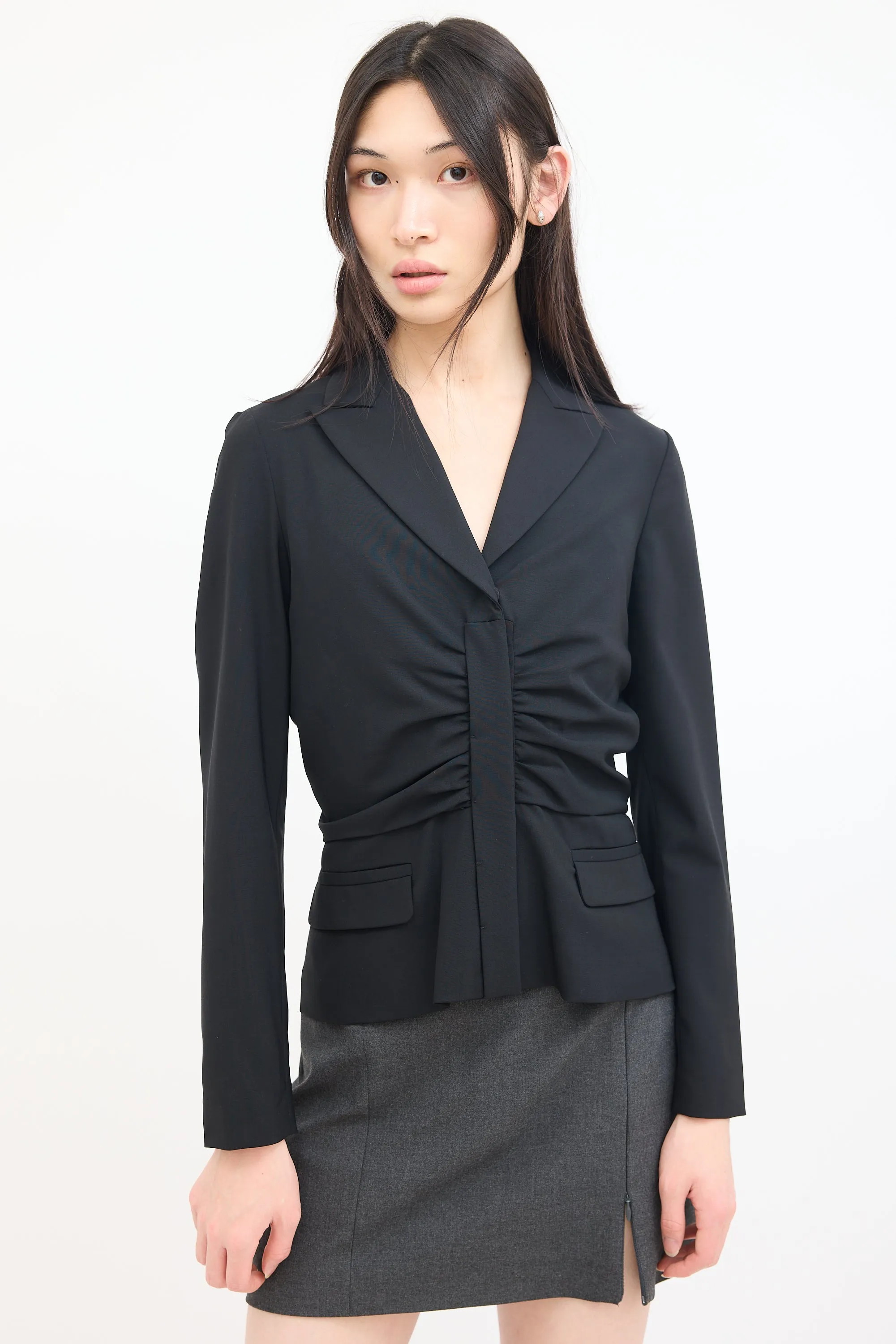 Black Wool Gathered Blazer