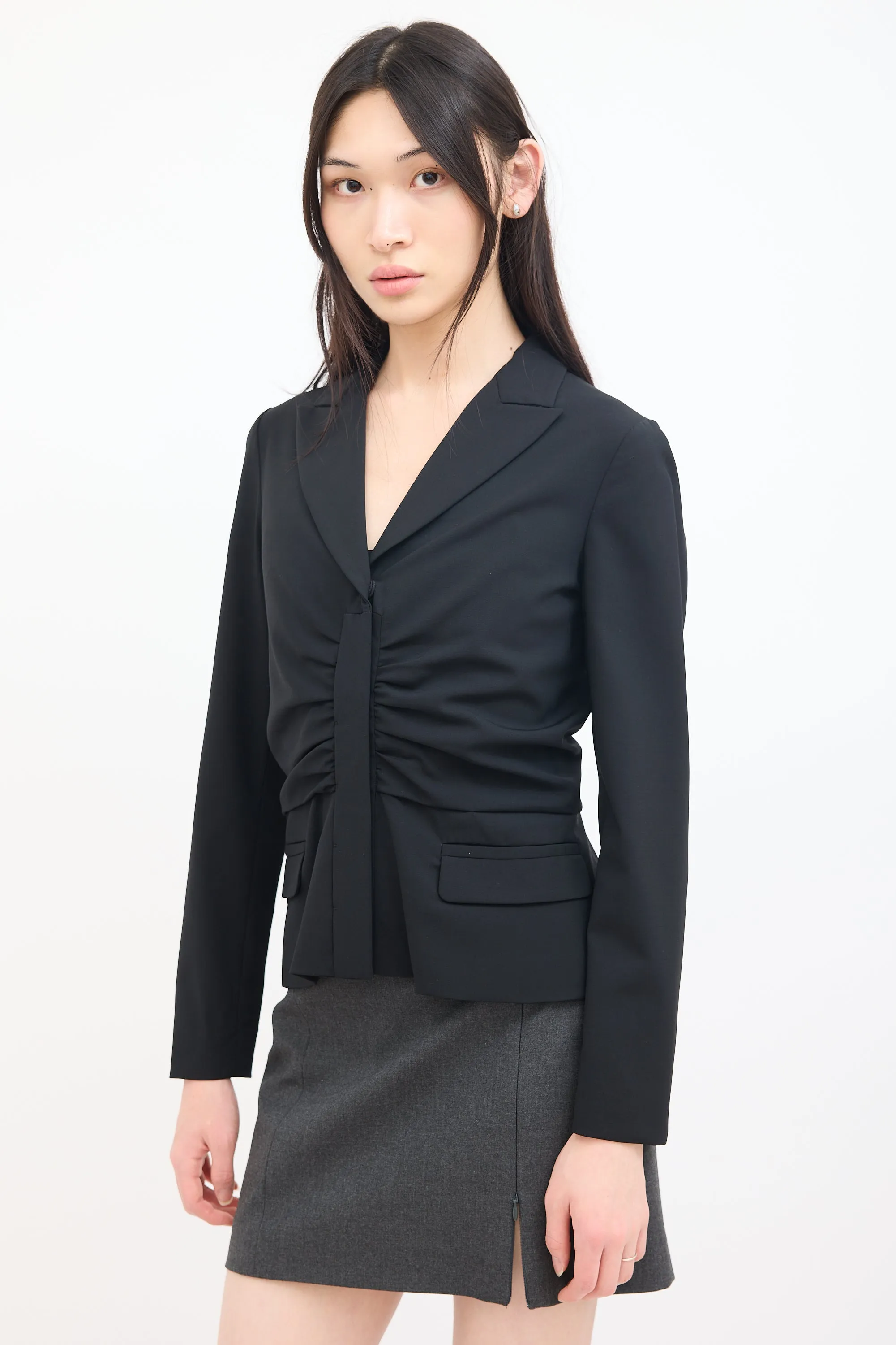 Black Wool Gathered Blazer