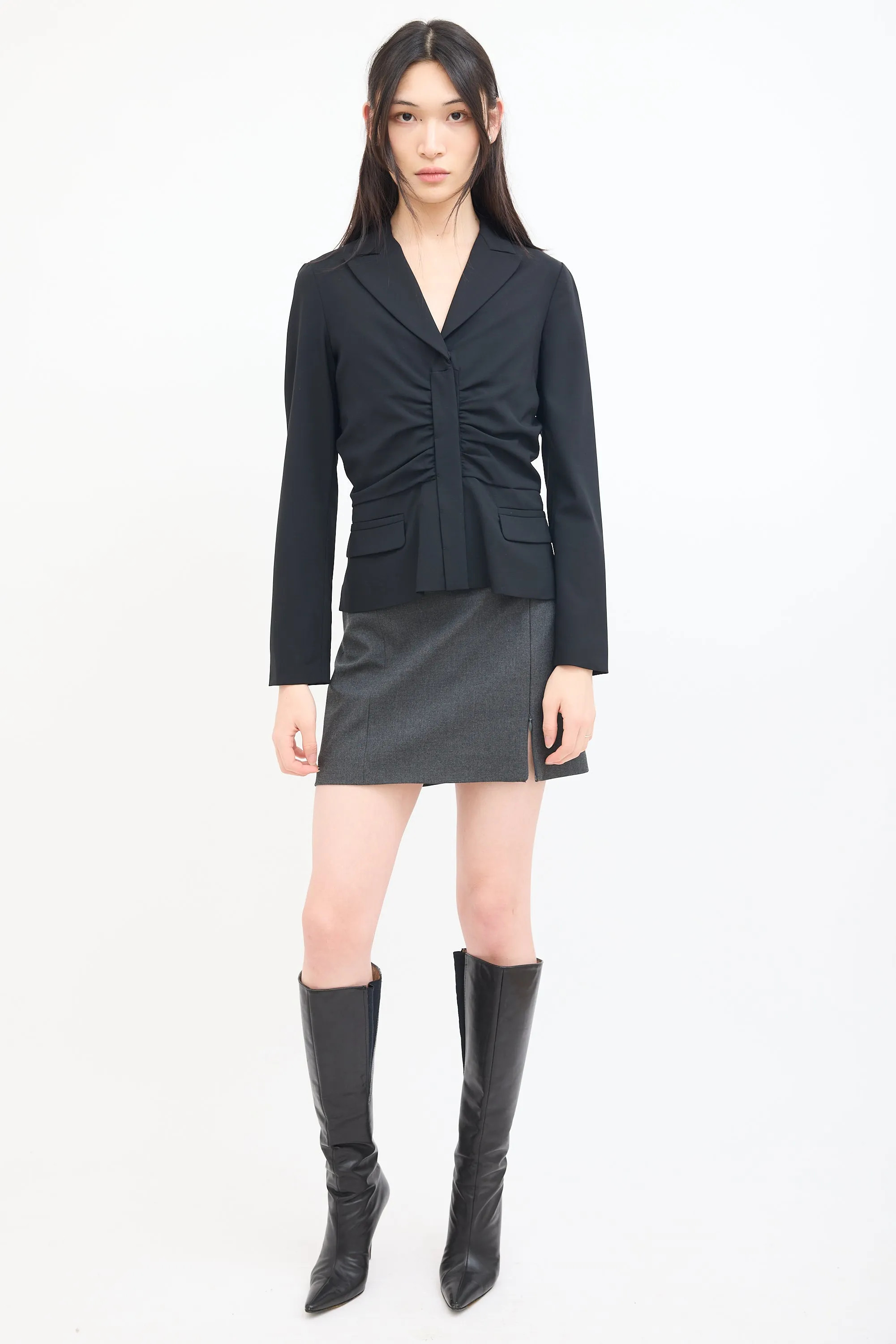 Black Wool Gathered Blazer