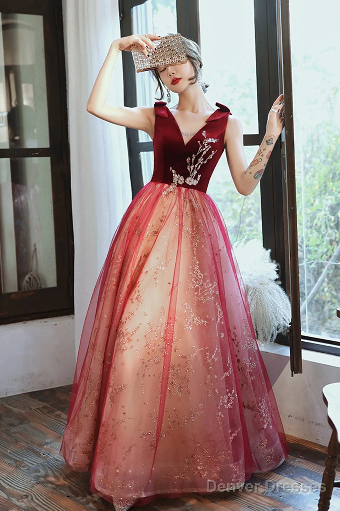 Burgundy Velvet Tulle Long Prom Dresses, V-Neck Graduation Dresses