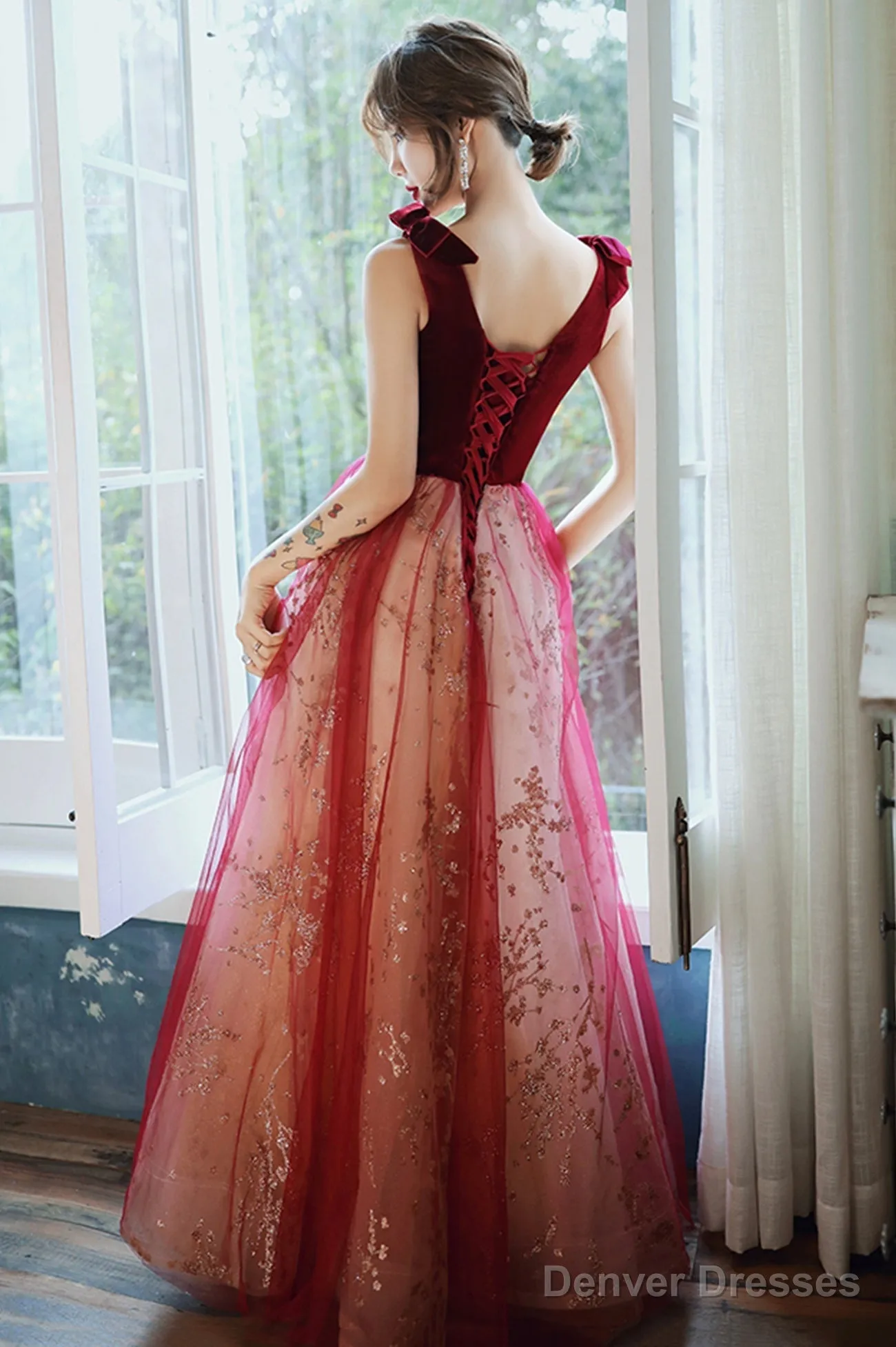 Burgundy Velvet Tulle Long Prom Dresses, V-Neck Graduation Dresses