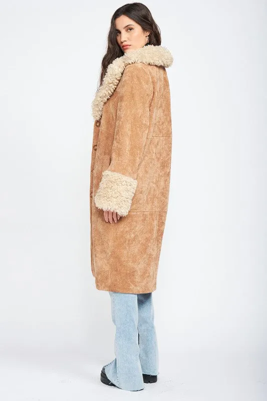 CORDUROY COAT WITH FAUX SHEARLING TRIM