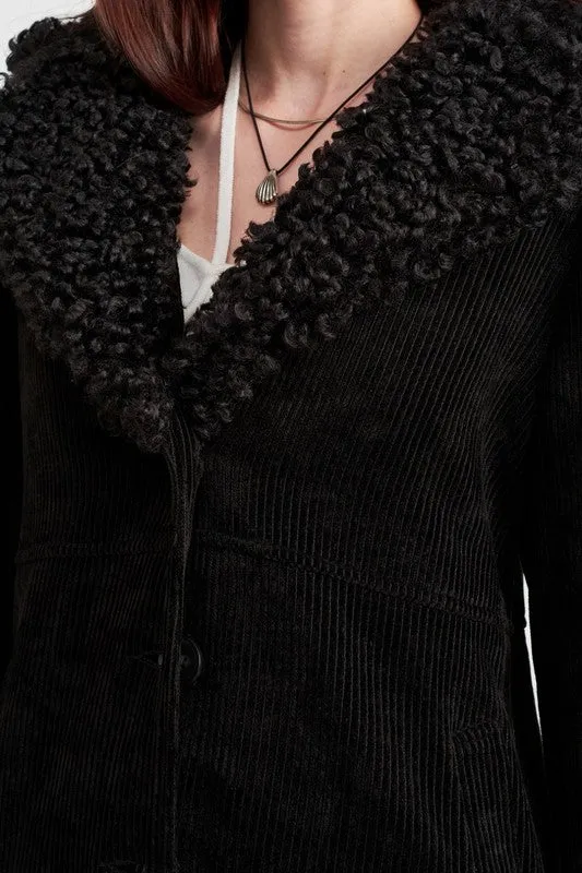 CORDUROY COAT WITH FAUX SHEARLING TRIM
