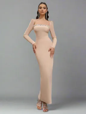 Crystal Embellish  Neck Dress_Skin