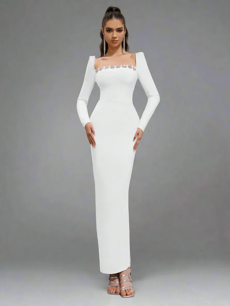 Crystal Embellish  Neck Dress_White