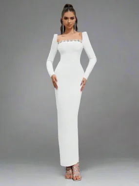 Crystal Embellish  Neck Dress_White