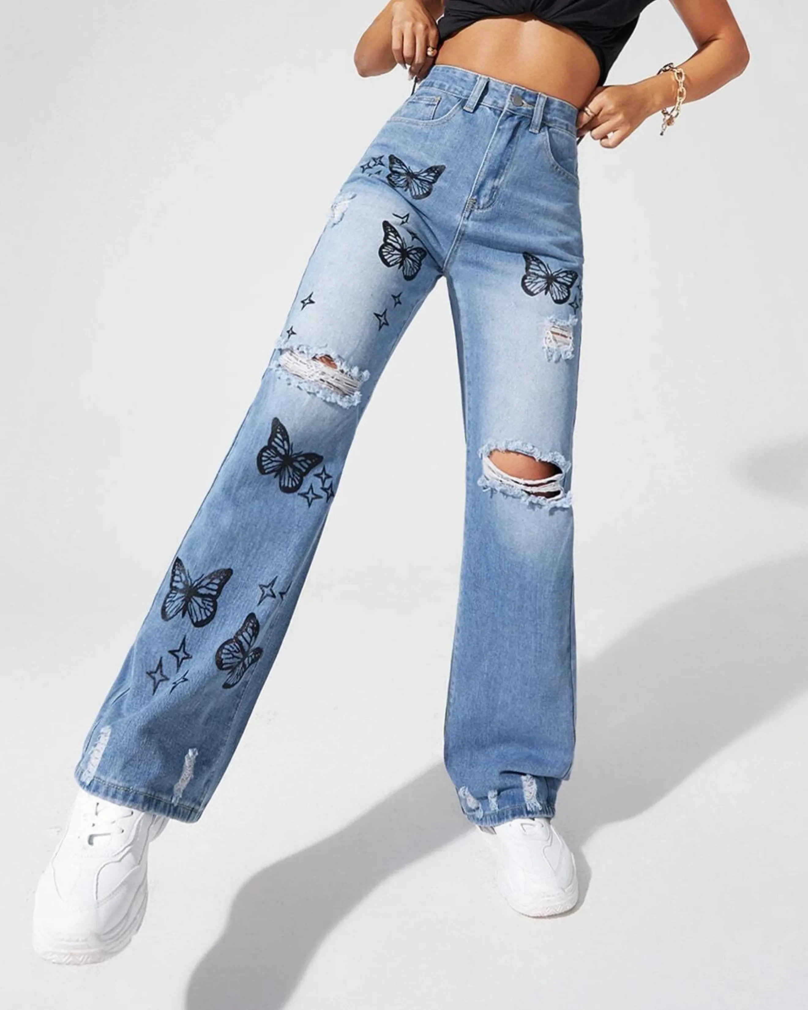 Distressed Butterfly Print Jeans