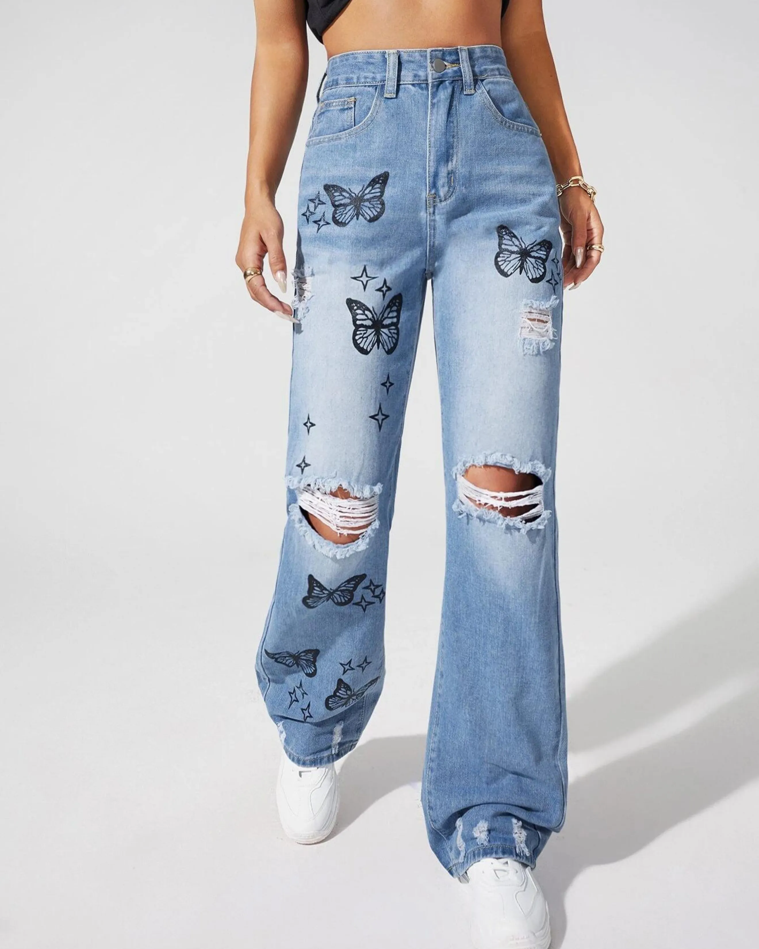 Distressed Butterfly Print Jeans