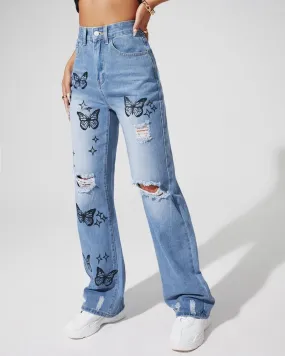 Distressed Butterfly Print Jeans