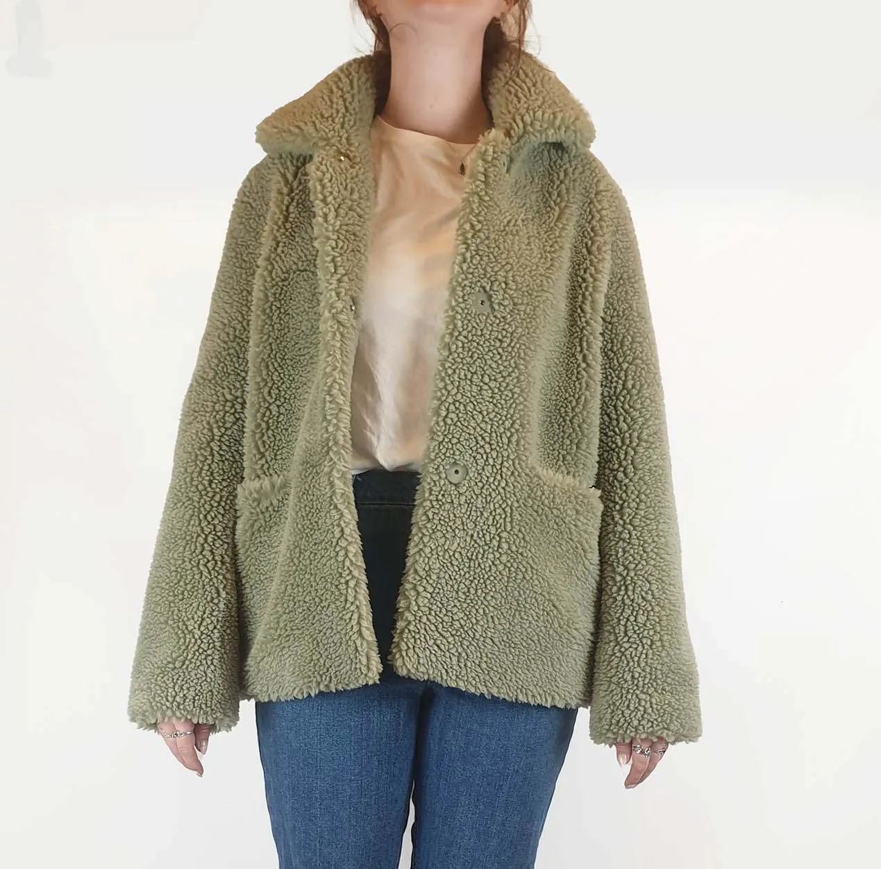 Friends with Frank green faux shearling coat size L, best fits 12-14
