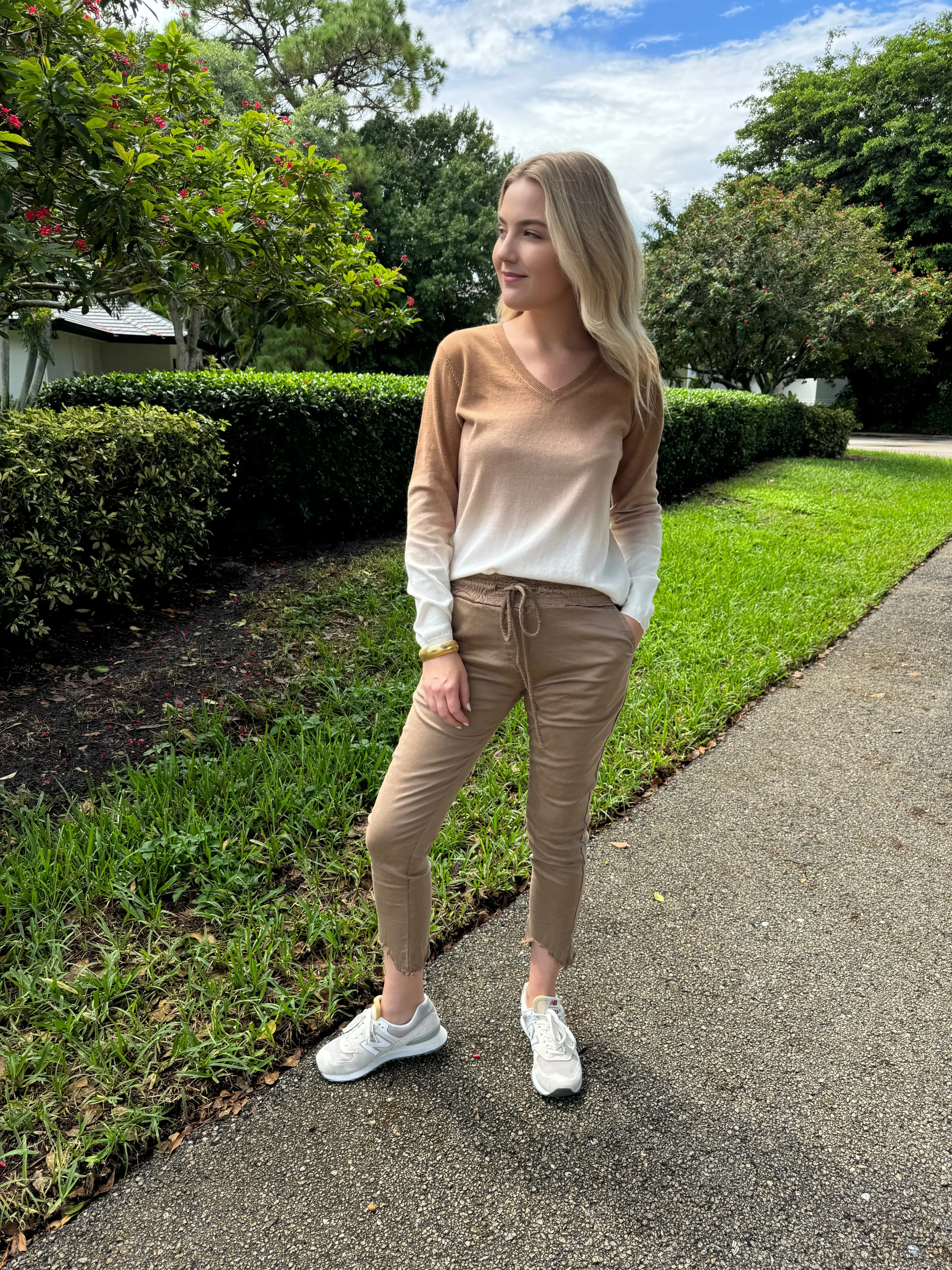 Kylie Distressed Fringe Hem Crinkle Jogger - Camel