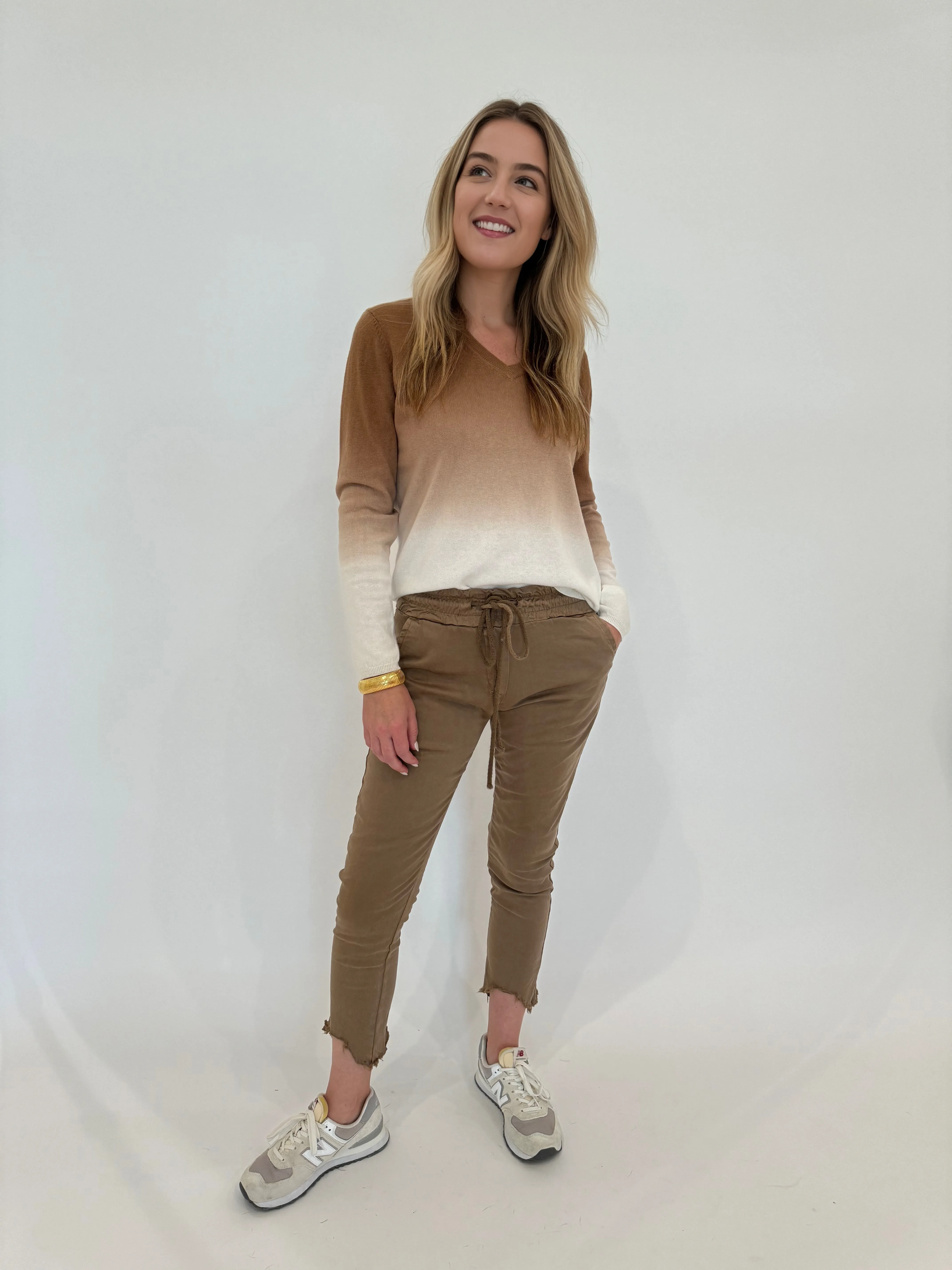 Kylie Distressed Fringe Hem Crinkle Jogger - Camel