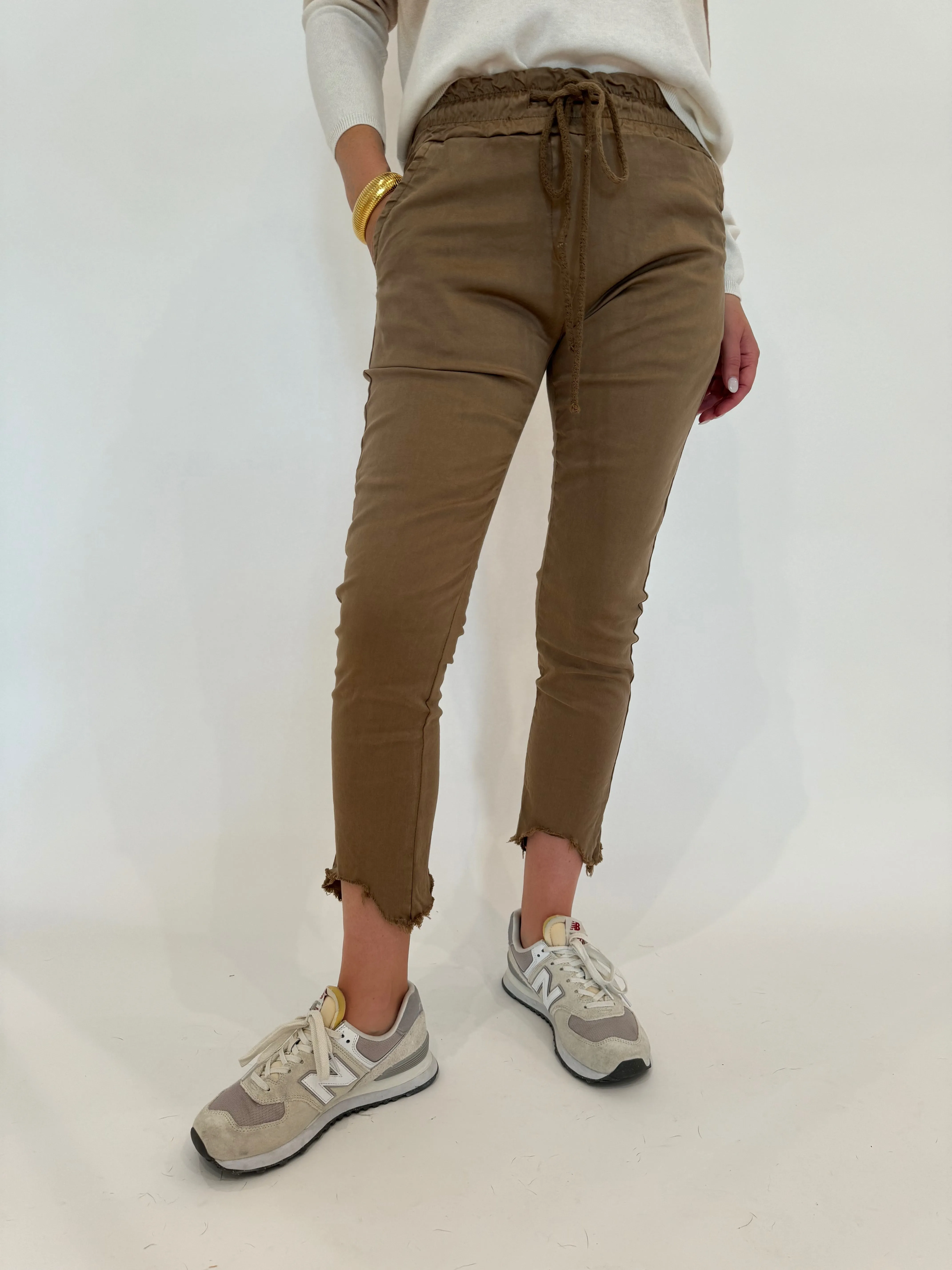 Kylie Distressed Fringe Hem Crinkle Jogger - Camel