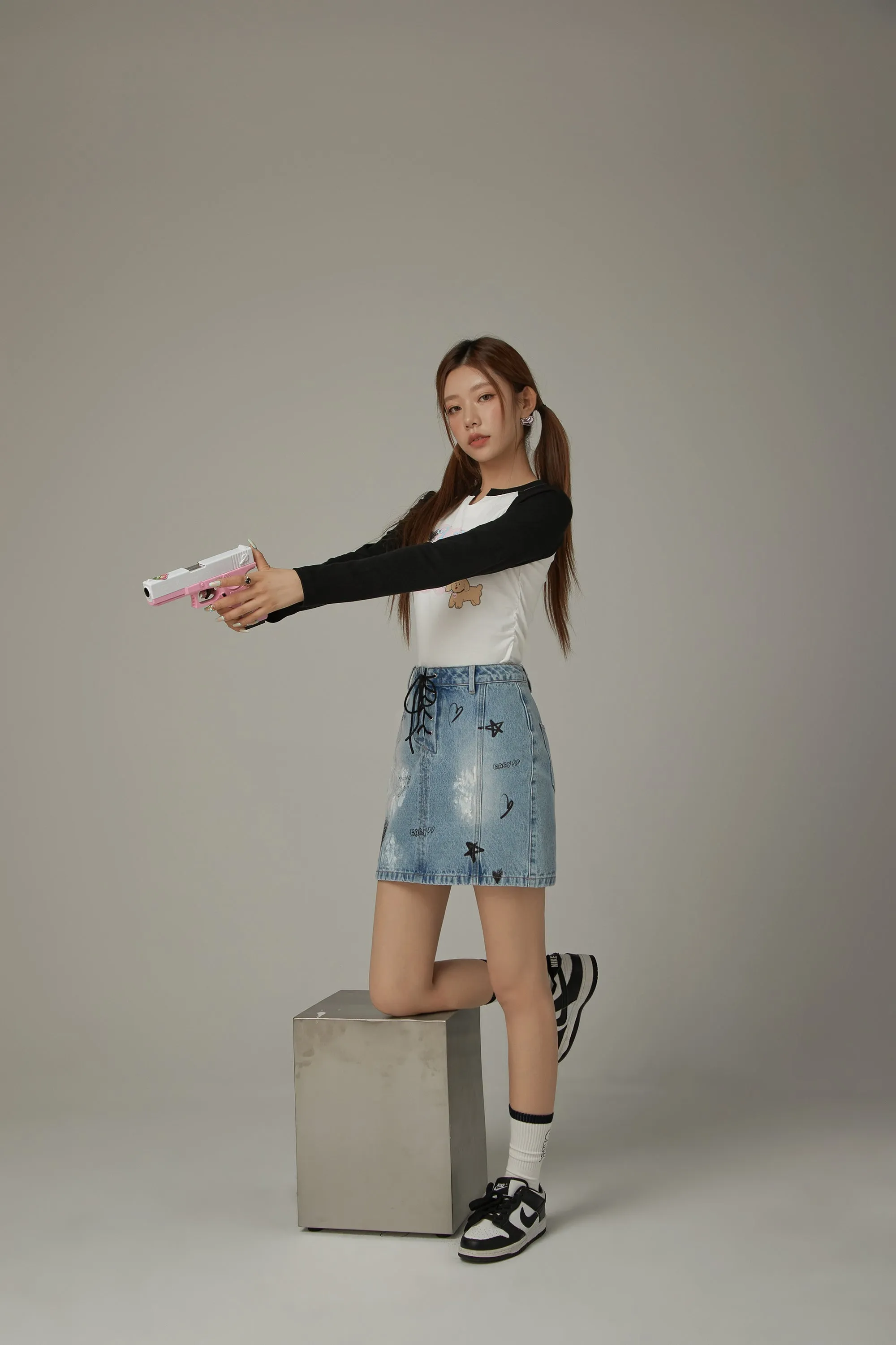 Lace Up Heart Star Denim Skirt