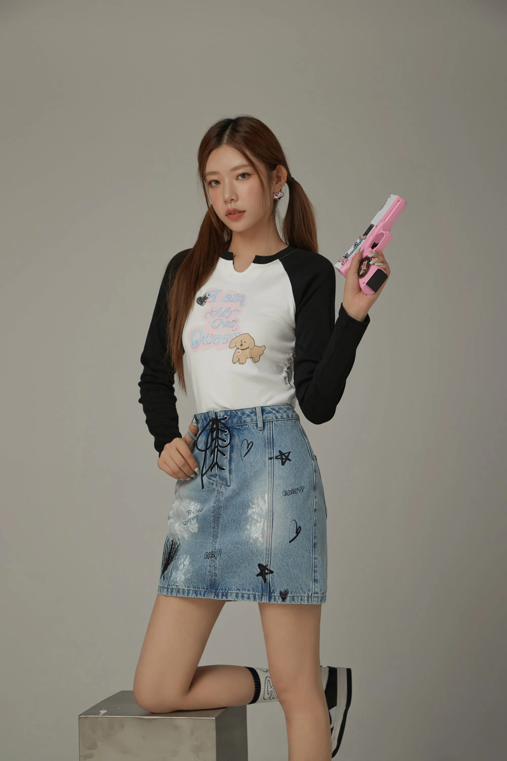 Lace Up Heart Star Denim Skirt