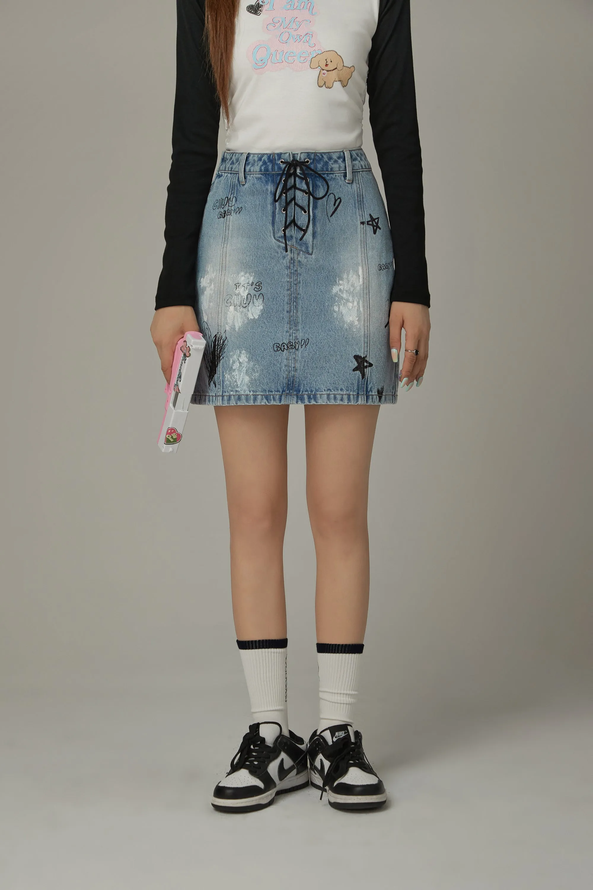 Lace Up Heart Star Denim Skirt