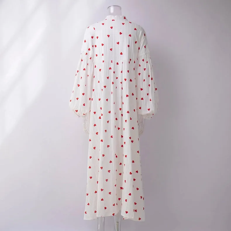 Ladies Heart Print Long Sleeves Maxi Dress