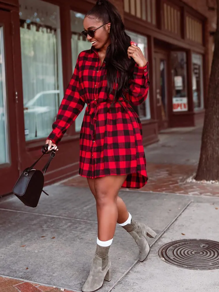 Long Sleeve Plaid Print Mini Dresses