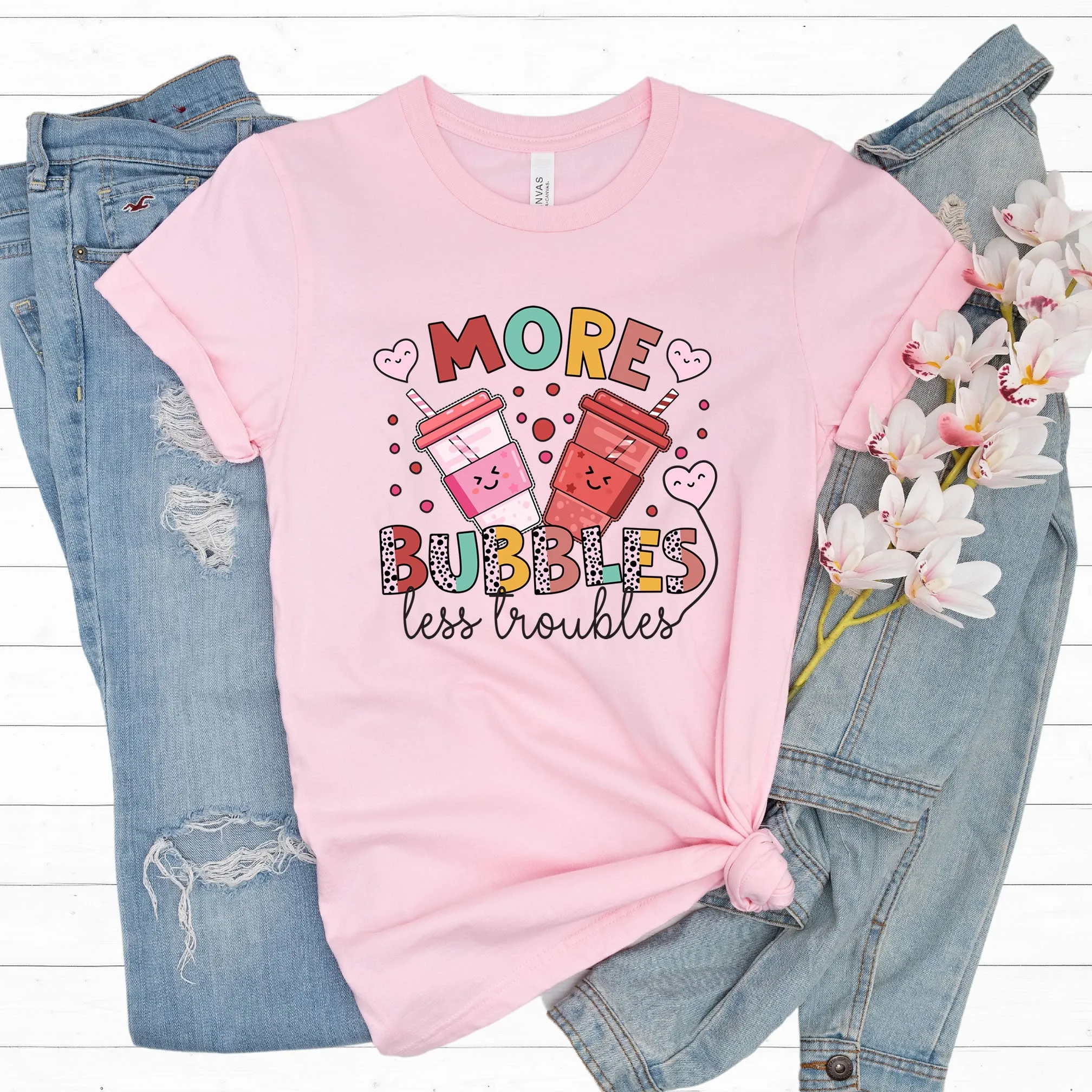 More Bubbles Less Troubles Cute Boba Tea Shirt | Cute Kawaii Shirt Bubble Tea Shirt | Bubble Tea Gift For Her | Unisex Jersey T-shirt