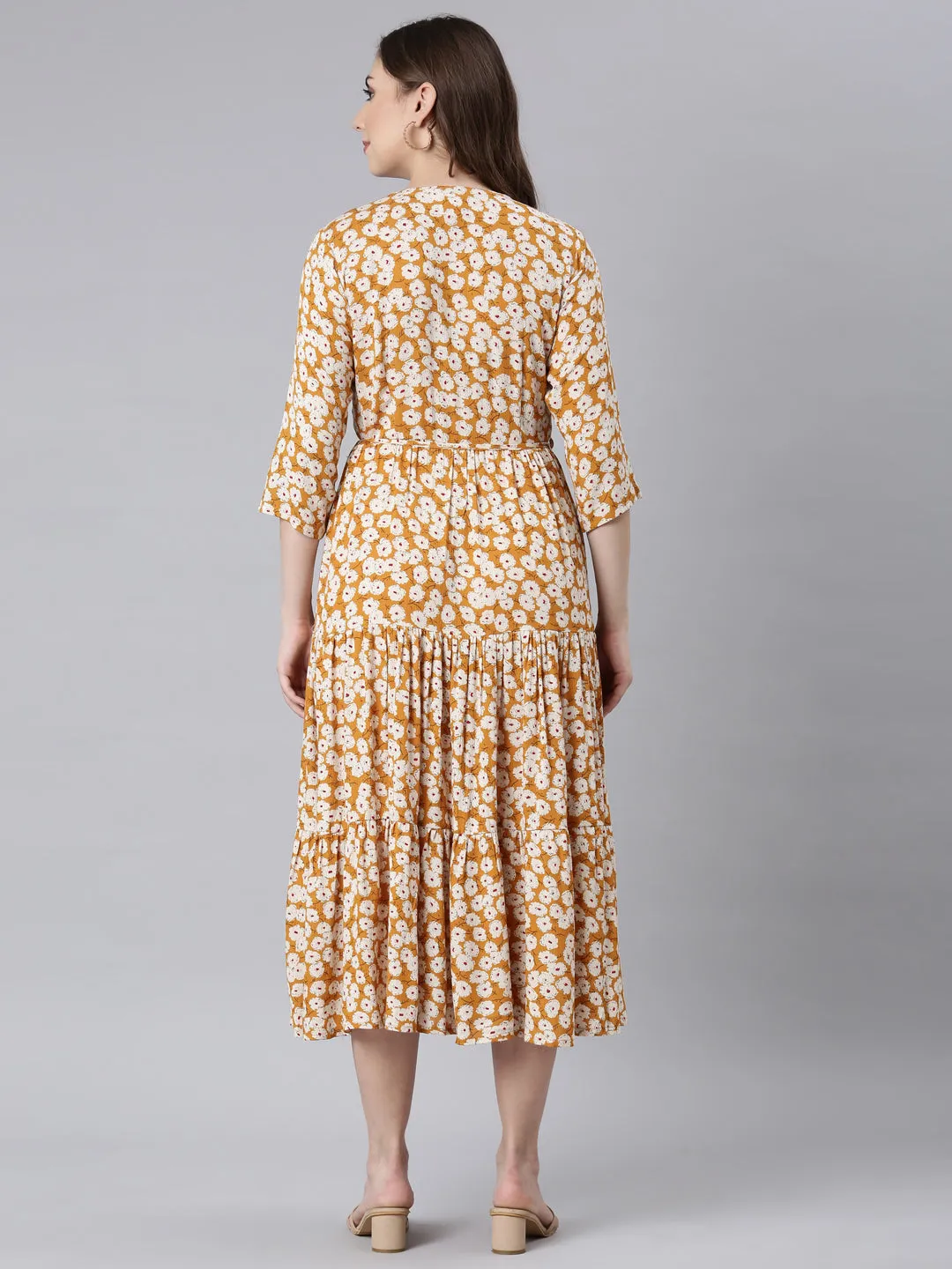 Neerus Mustard Curved Casual Floral Maxi Dresses
