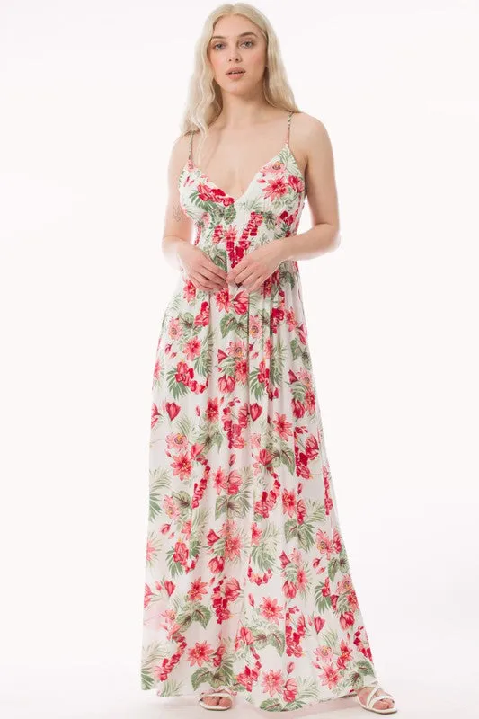 Offwhite Tropical Print V-Neck Smocked Back Maxi Sundress