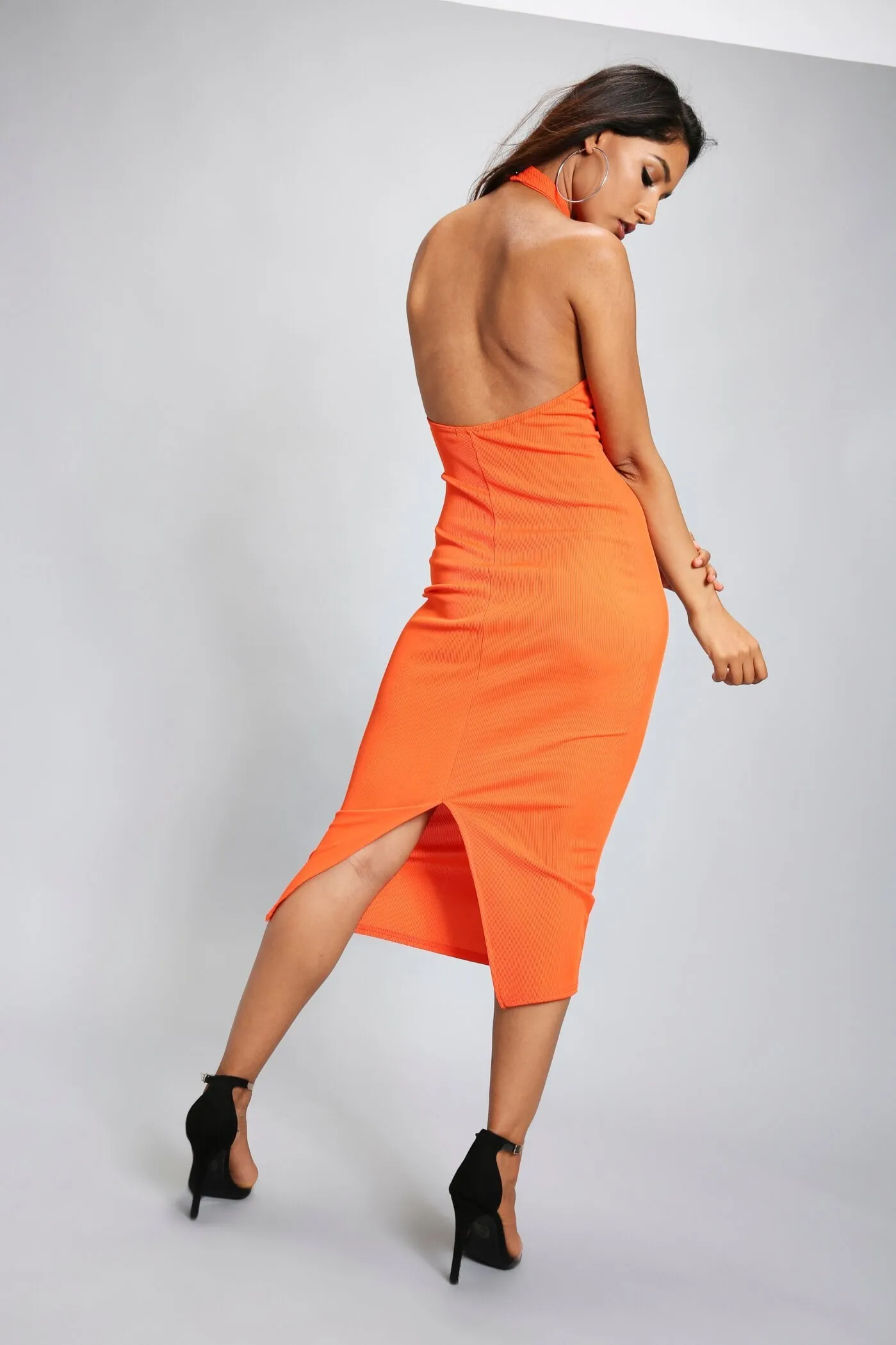 Orange High Neck Backless Midi Dress