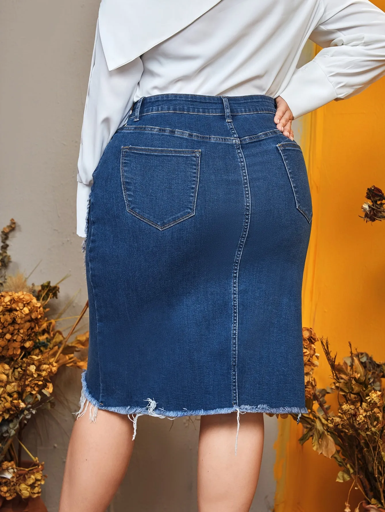 Plain High Waist Midi Plus Size Denim Skirt