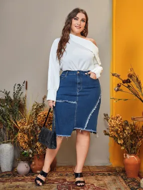 Plain High Waist Midi Plus Size Denim Skirt