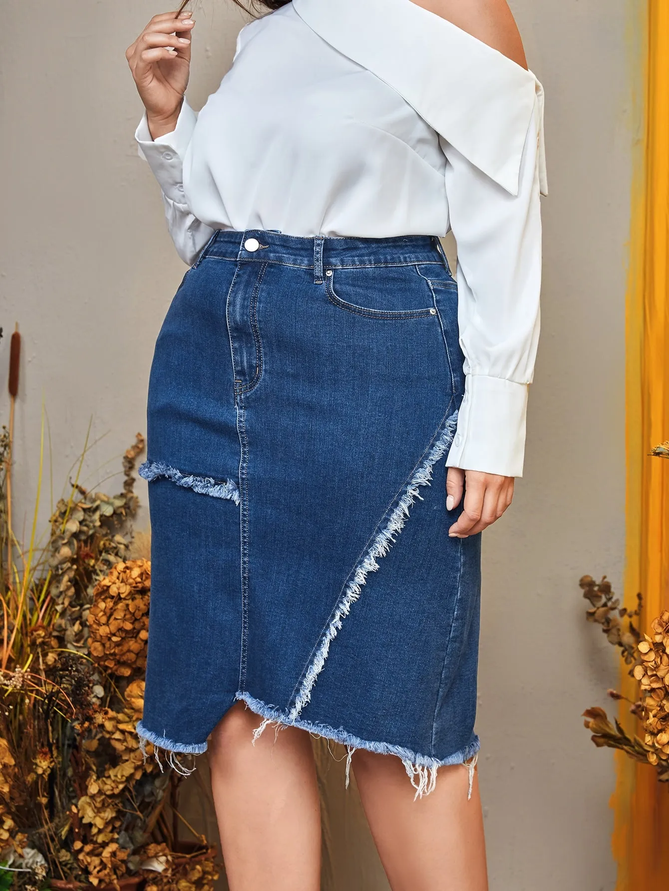 Plain High Waist Midi Plus Size Denim Skirt
