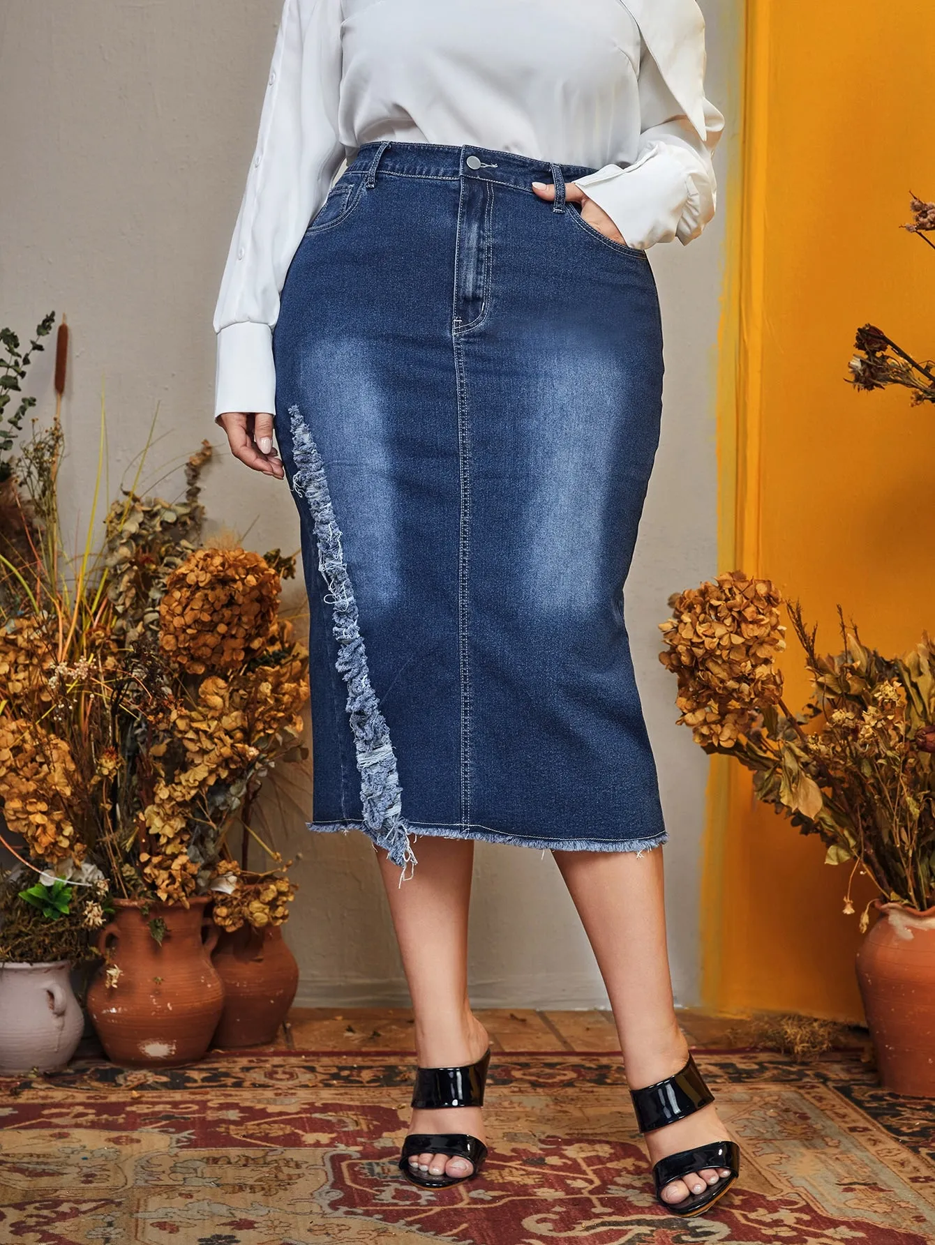 Plain Zipper Drop Waist Midi Plus Size Denim Skirt