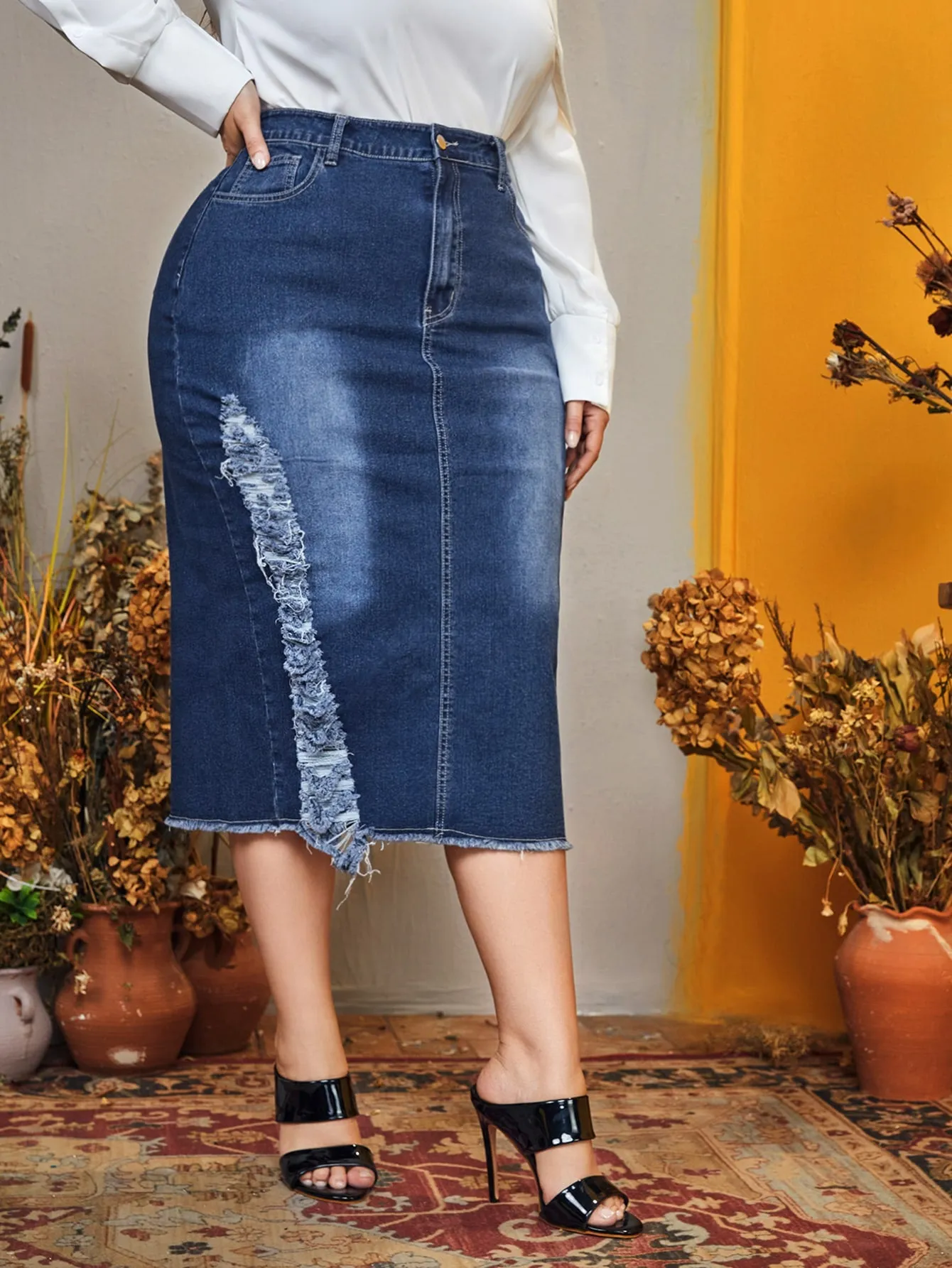 Plain Zipper Drop Waist Midi Plus Size Denim Skirt