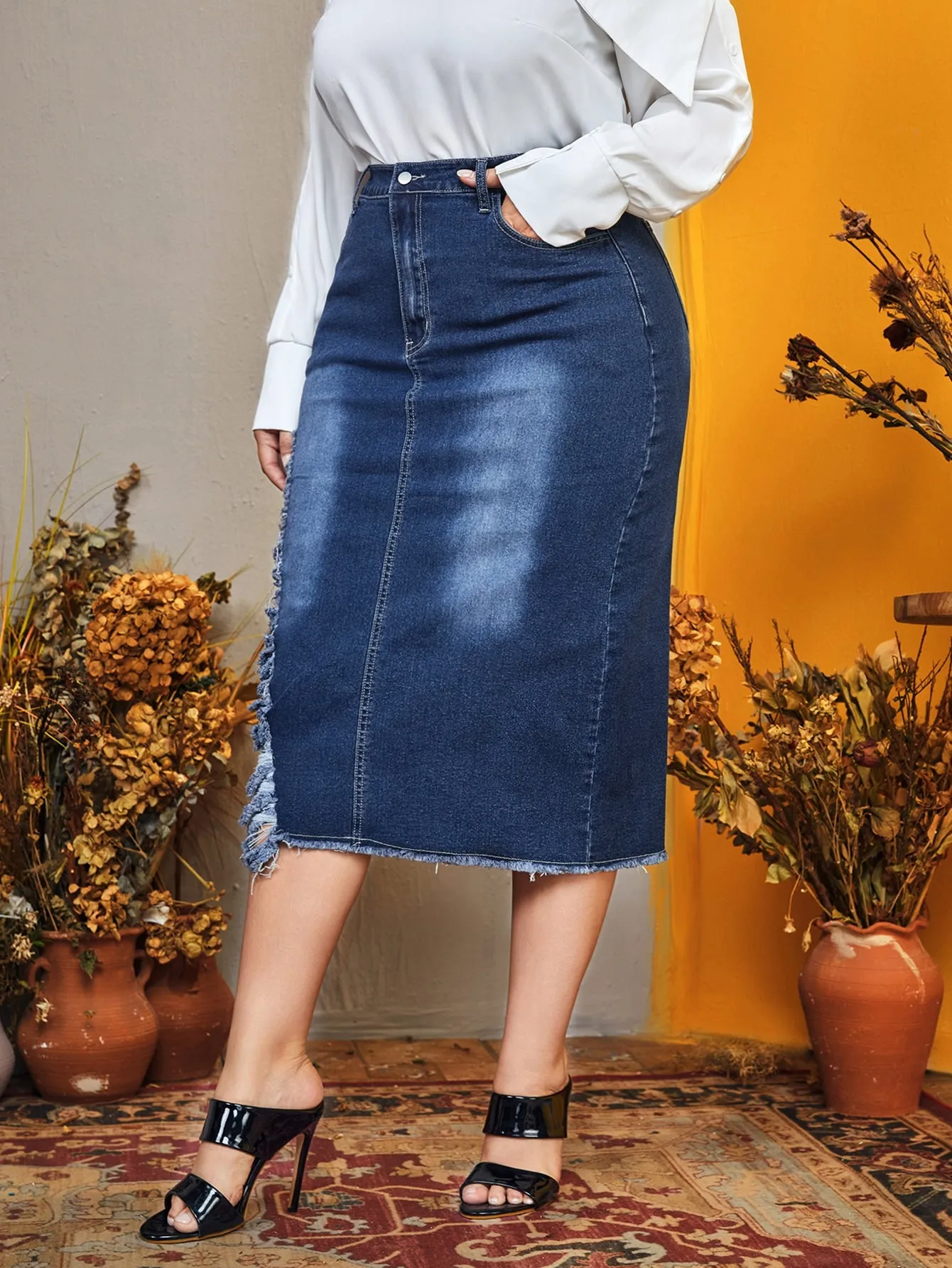 Plain Zipper Drop Waist Midi Plus Size Denim Skirt