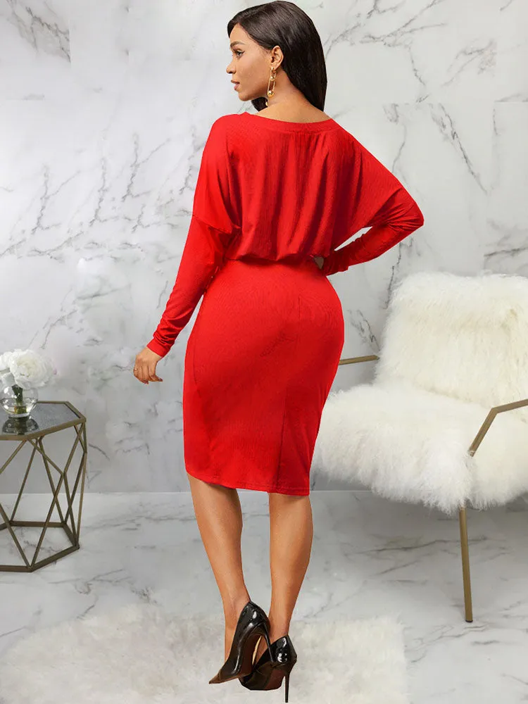 Ruched One Shoulder Long Sleeve Midi Dresses