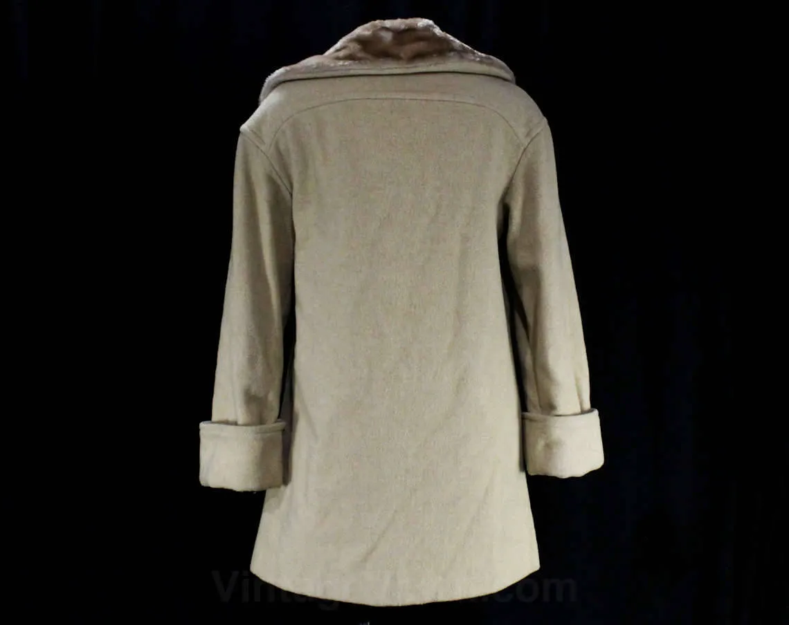 Size 10 Faux Shearling Coat - Beige Tan Wool 70s Street Style Medium Car Coat - Double Breasted Leather Buttons - Furry Collar - Bust 38