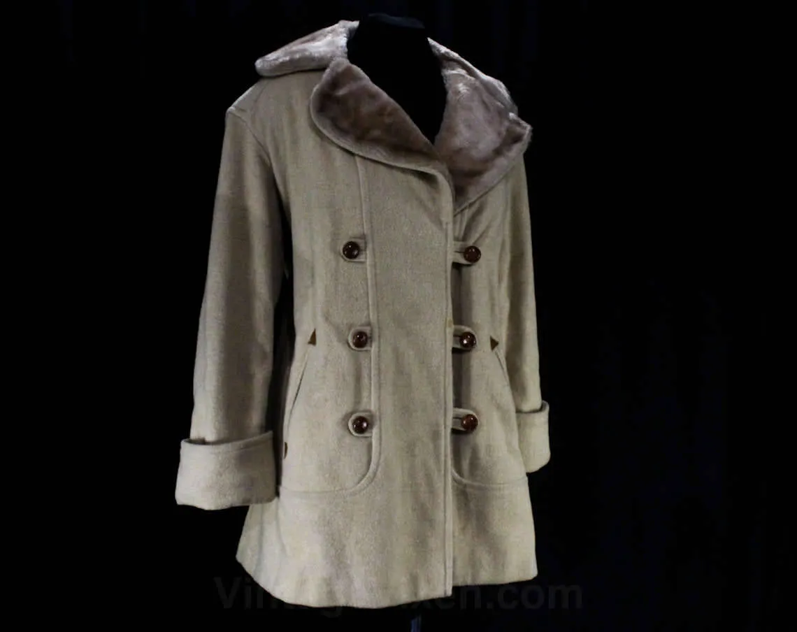Size 10 Faux Shearling Coat - Beige Tan Wool 70s Street Style Medium Car Coat - Double Breasted Leather Buttons - Furry Collar - Bust 38